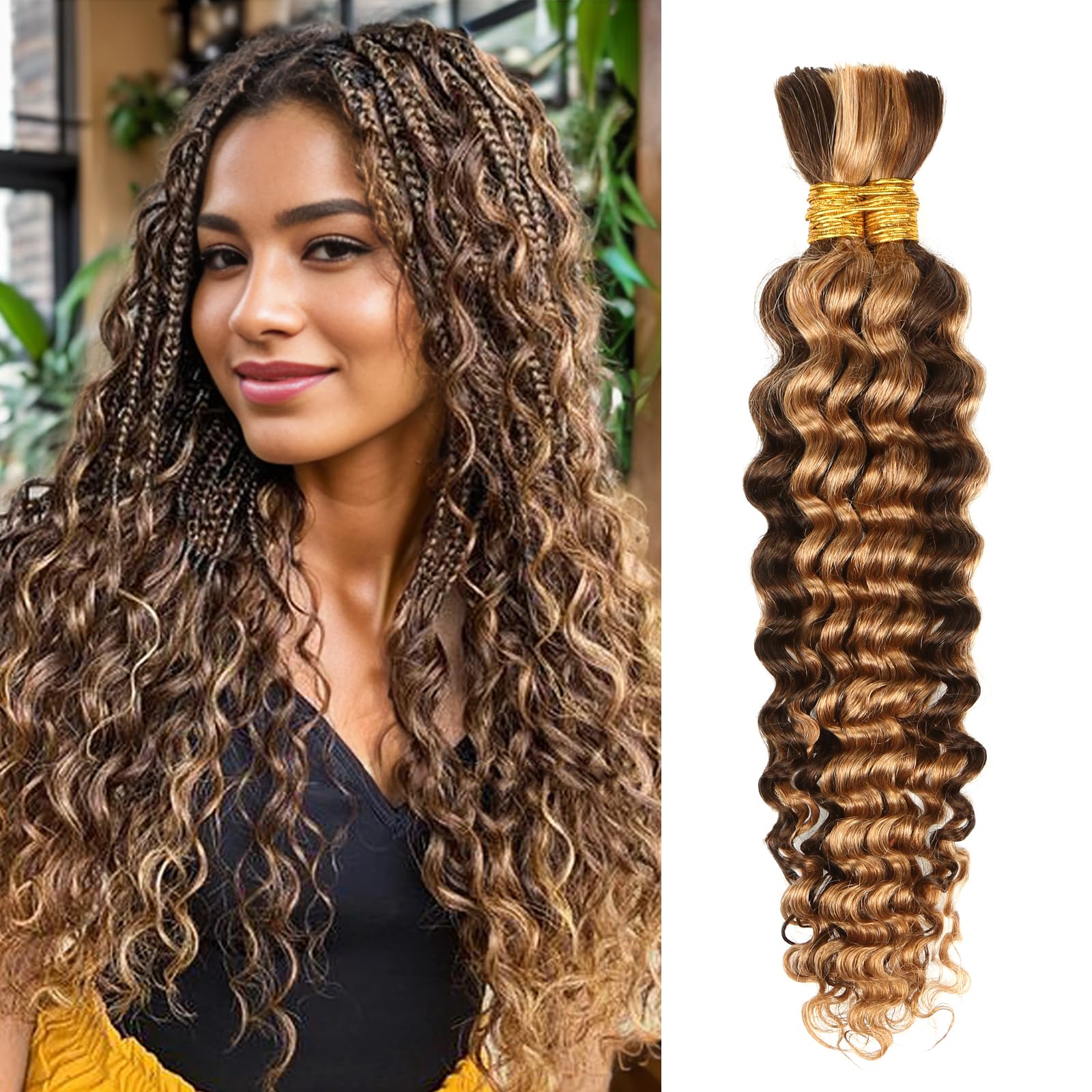 4/27 Honey Blonde Human Braiding Hair Deep Wave Bulk - 100g 16inch No Weft Curly Hair Extensions for Boho Braids & Protective Styles | Perfect for Wet & Wavy Looks, Everyday Wear & Special Occasions