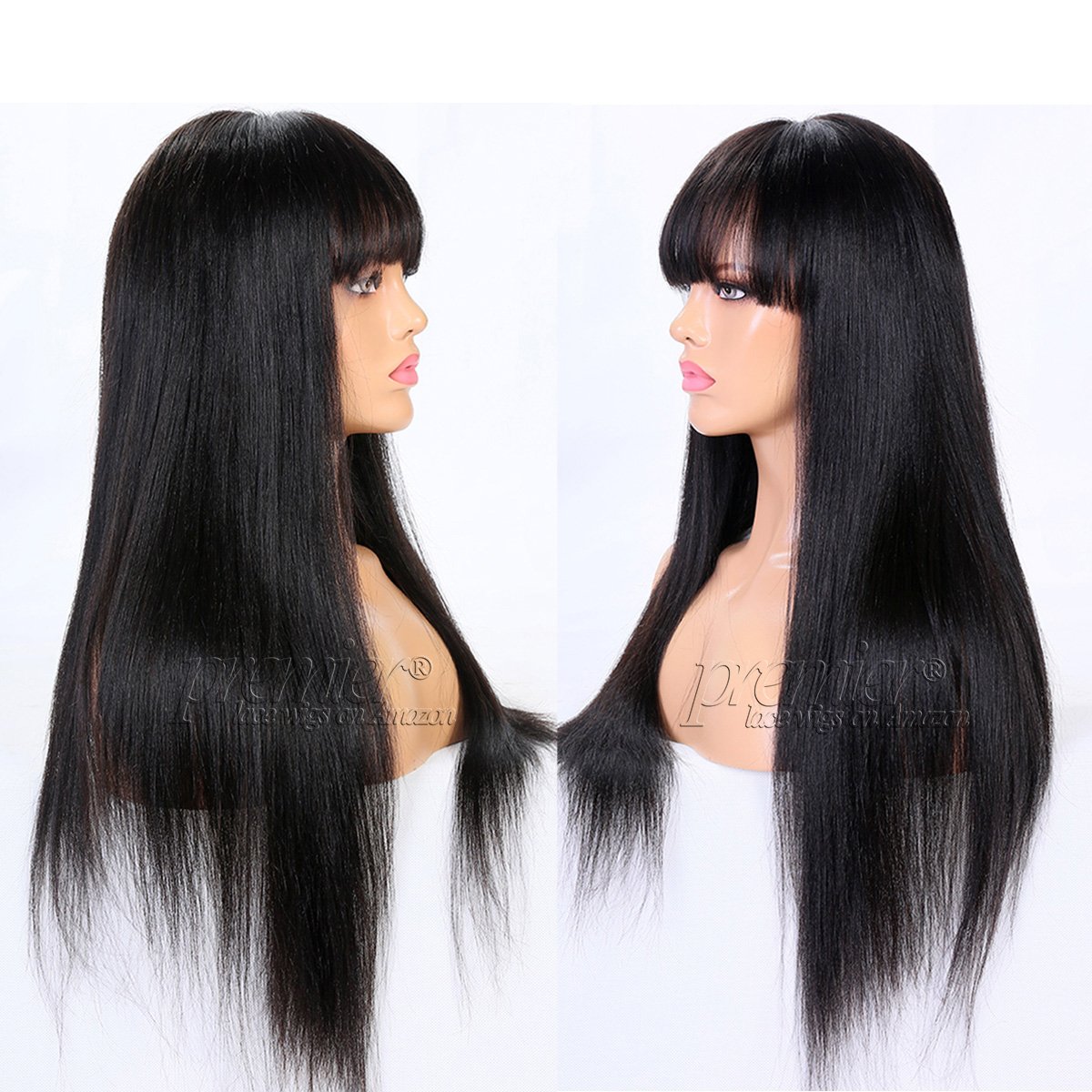Premium 360 Full Lace Human Hair Wig with Bangs - Light Yaki Straight Brazilian Remy Hair - 150% Density 20 Inch Lace Front Wig for Black Women - High Ponytail & Natural Look - Perfect for Daily Wear, Parties, and Special Occasions