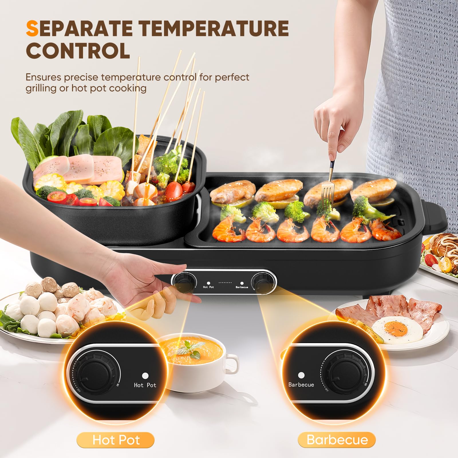 2-in-1 Electric Hot Pot & Grill with Dual Temperature Control - Non-Stick Smokeless Indoor Shabu Hot Pot & Korean BBQ - Perfect for Family Gatherings, Dorm Cooking & Asian Cuisine Nights