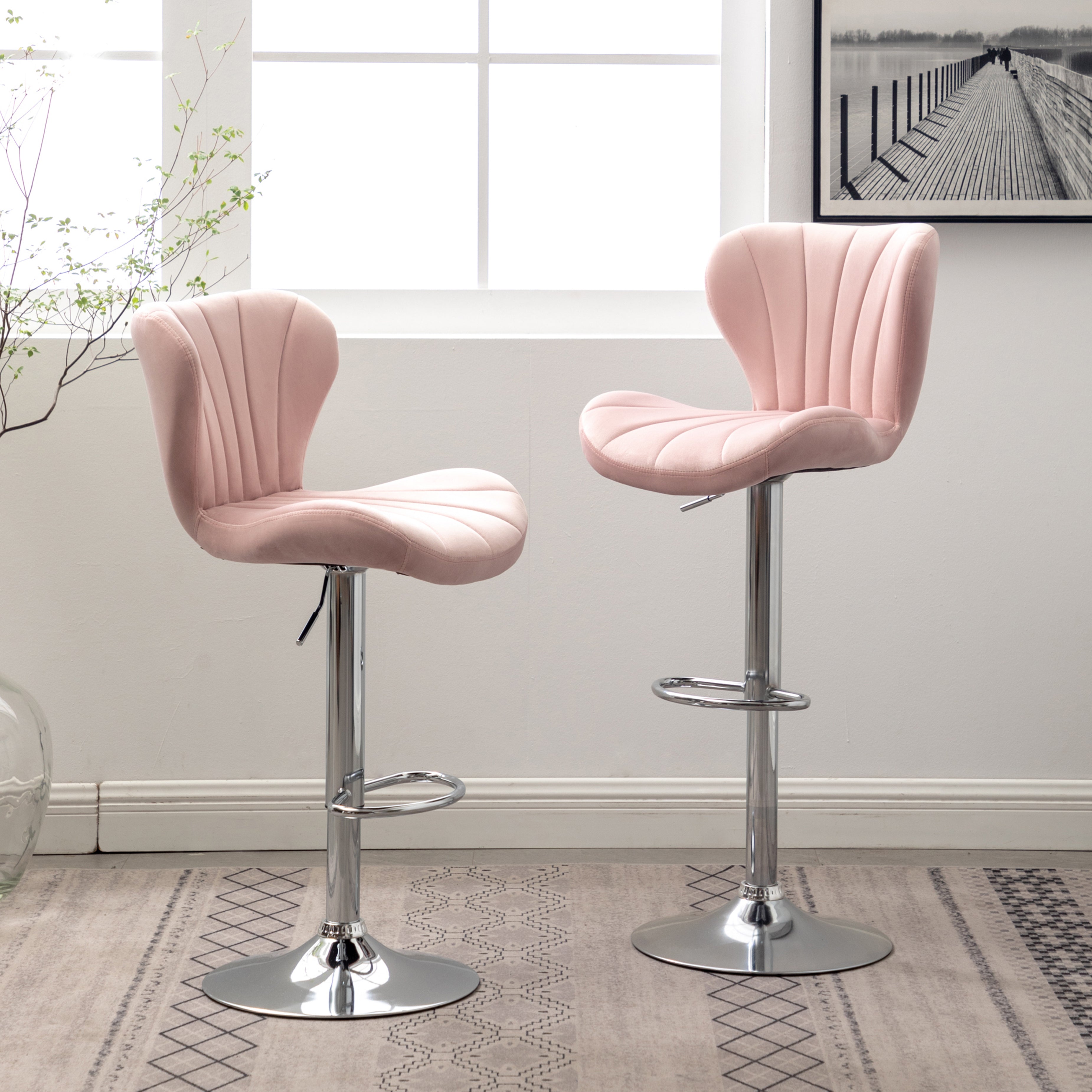 Roundhill Furniture Ellston Upholstered Adjustable Swivel Bar Stools in Pink - Set of 2 for Kitchen Island, Breakfast Nook & Home Bar Decor