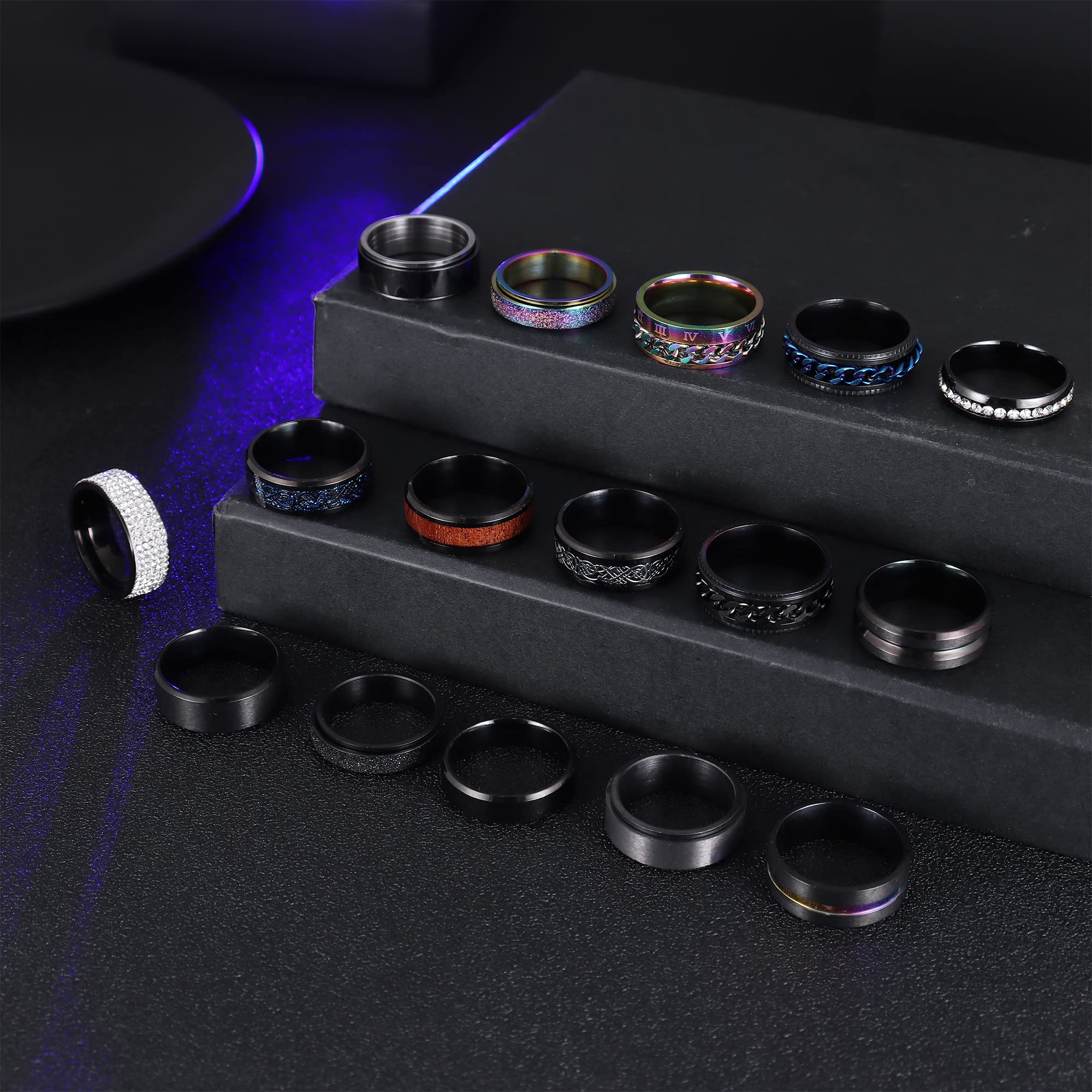 16Pcs Stainless Steel Spinner Rings for Men & Women - Anxiety Relief Fidget Rings with Beveled Edges, Celtic Black Band Wedding Promise Rings Set - Perfect for Stress Relief, Gift Giving and Everyday Wear