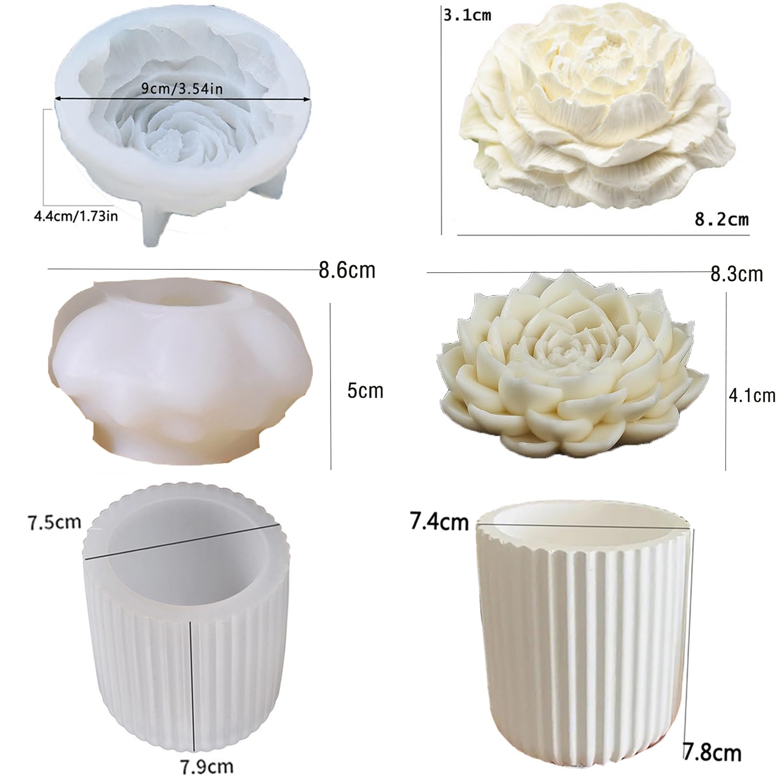 Succulent & Peony Flower Candle Soap Silicone Mold Set - Concrete Candle Molds for DIY Candle Making, Jar Lid Molds with Floral Designs - Perfect for Home Decor, Wedding Favors, and Handmade Gifts