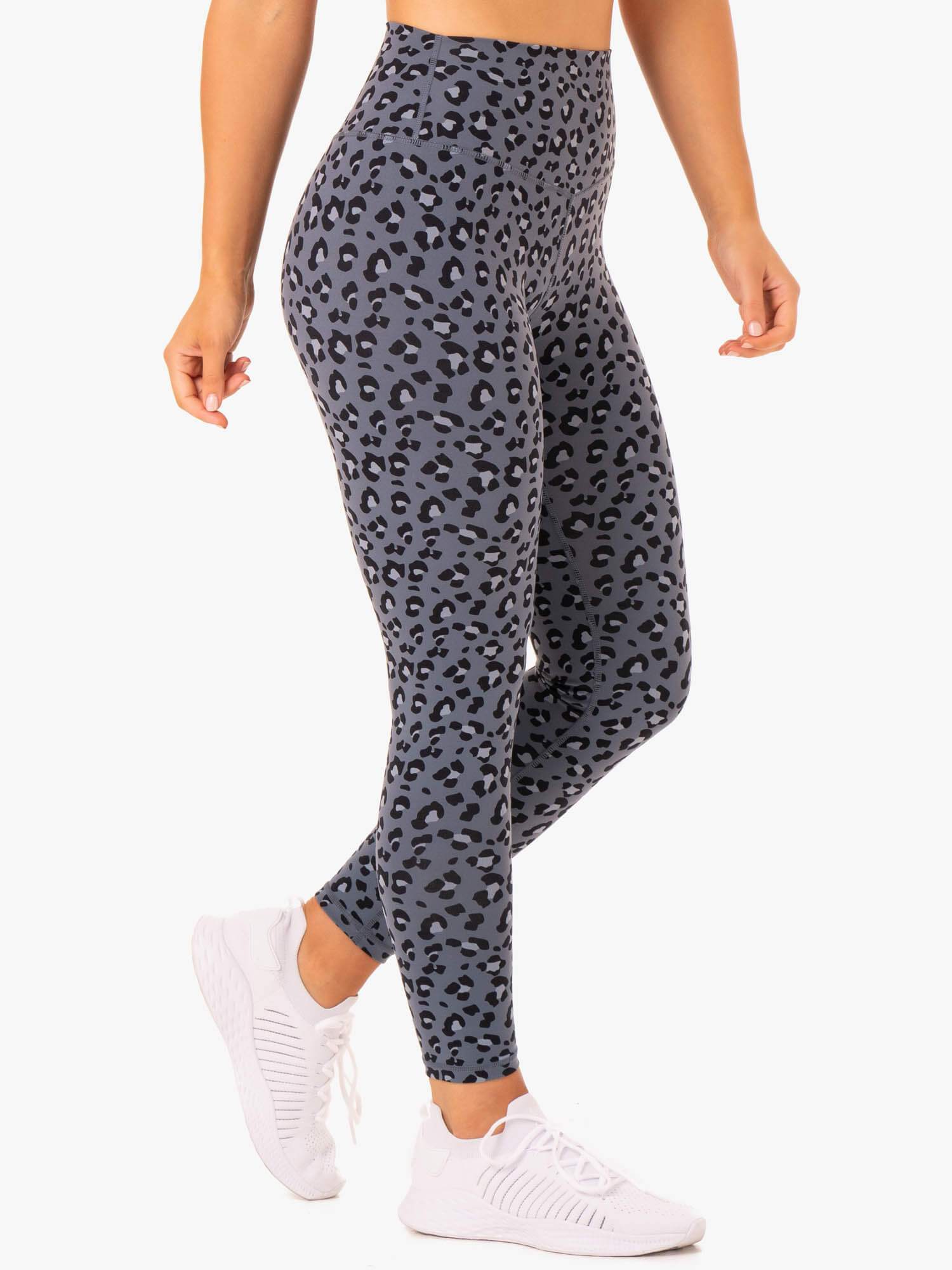 Hybrid Full Length Leggings for Women - Steel Blue Leopard Print Yoga Pants | High Waisted Workout Leggings for Running, Gym & Lounge Wear