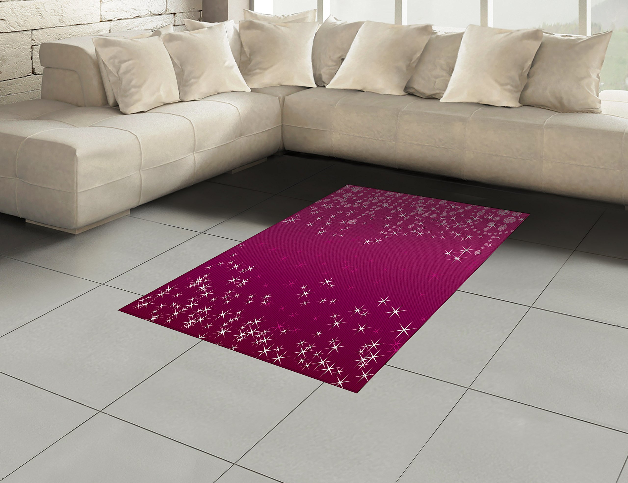 Lunarable Diamonds Area Rug - Abstract Feminine Design with Tiny Stars & Drops, Girly Digital Print Flat Woven Accent Rug for Living Room, Bedroom, Dining Room - 4' x 5.7' Magenta White - Perfect for Boho Chic Decor, Girls' Bedroom & Modern Home Styling