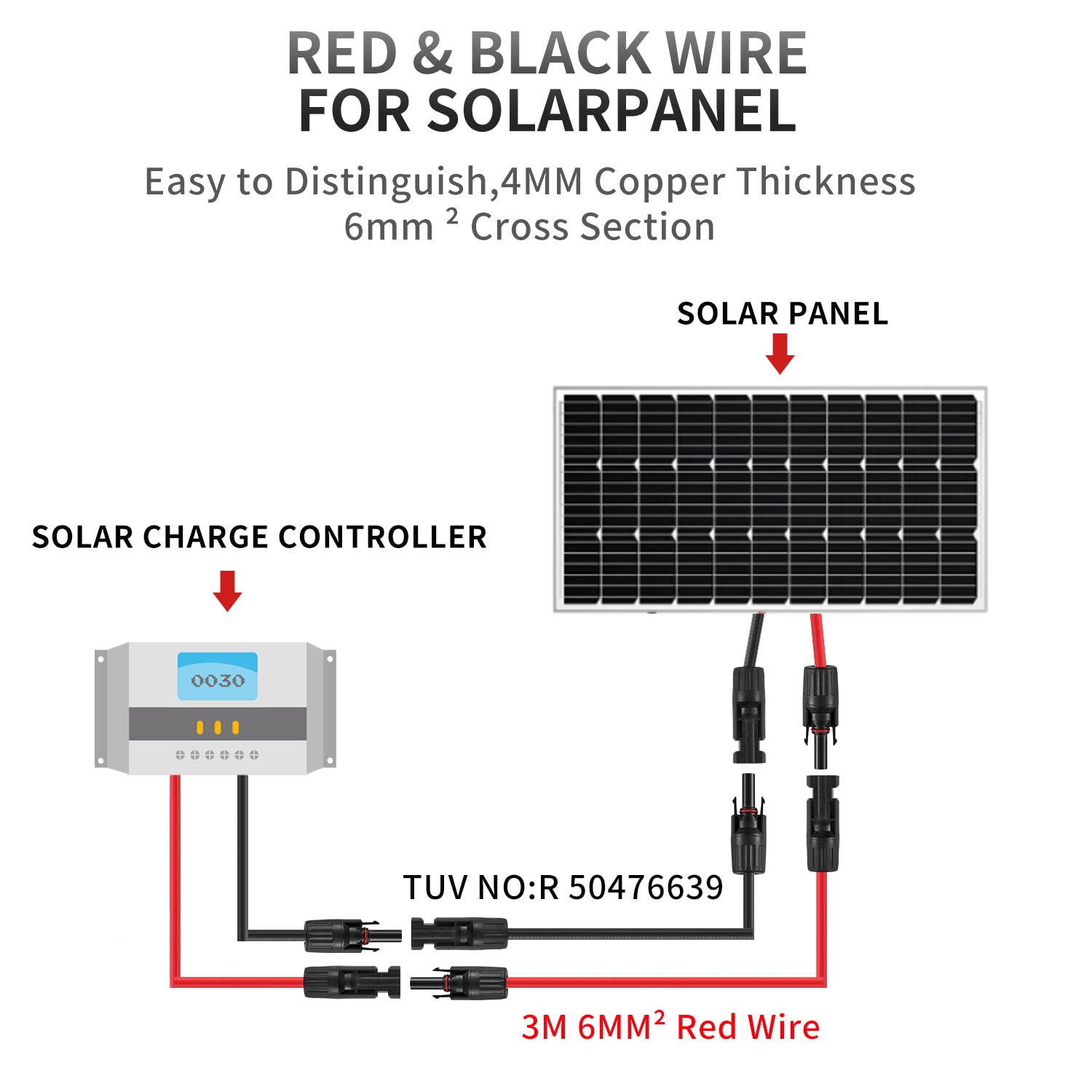 10ft Solar Extension Cable - 10 AWG Tinned Copper Wire with Female & Male Connectors for Solar Panels - Weatherproof for Home, Boat, RV & Outdoor Use (Red + Black)