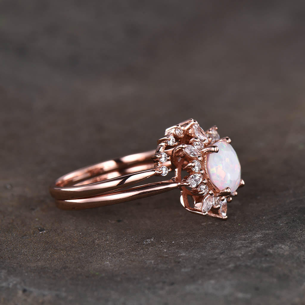 1ct Sunflower Floral Opal & Diamond/Moissanite Engagement Ring Set (2-Piece) - Perfect for Proposals, Weddings & Anniversary Gifts