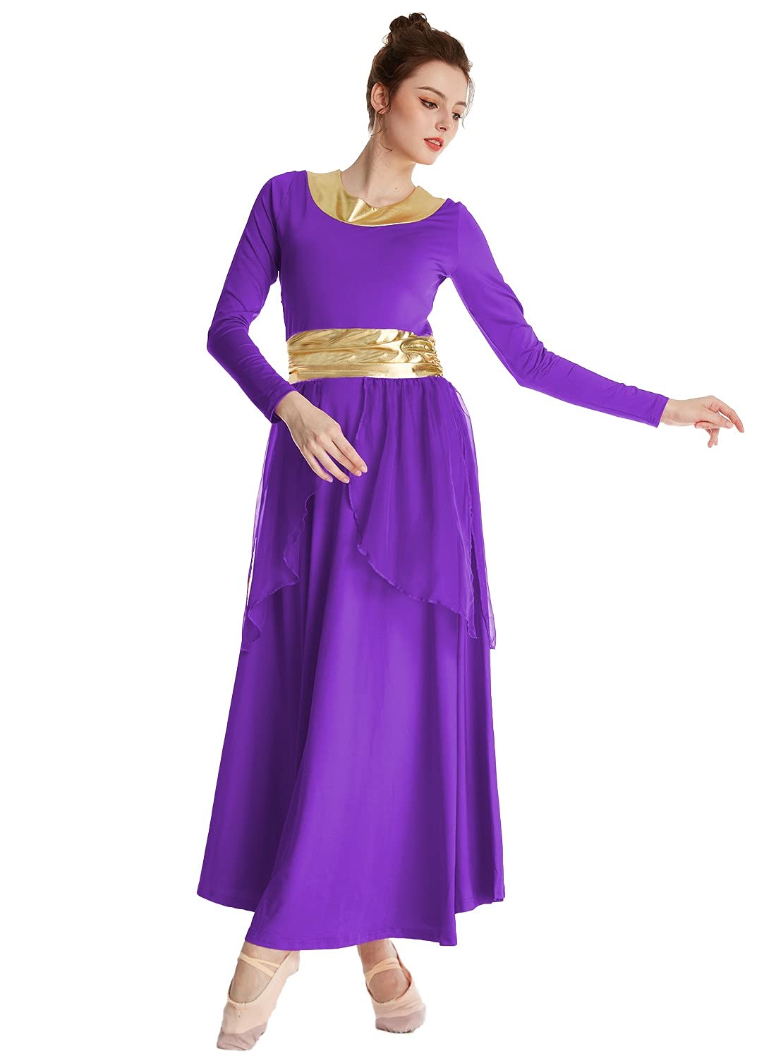 REXREII Women's Praise Dance Robe - Metallic Waistband Long Sleeve Liturgical Worship Dress with Chiffon Skirt for Church Performances, Choir Concerts & Lyrical Dance Costume - Perfect for Easter, Christmas & Baptism Ceremonies
