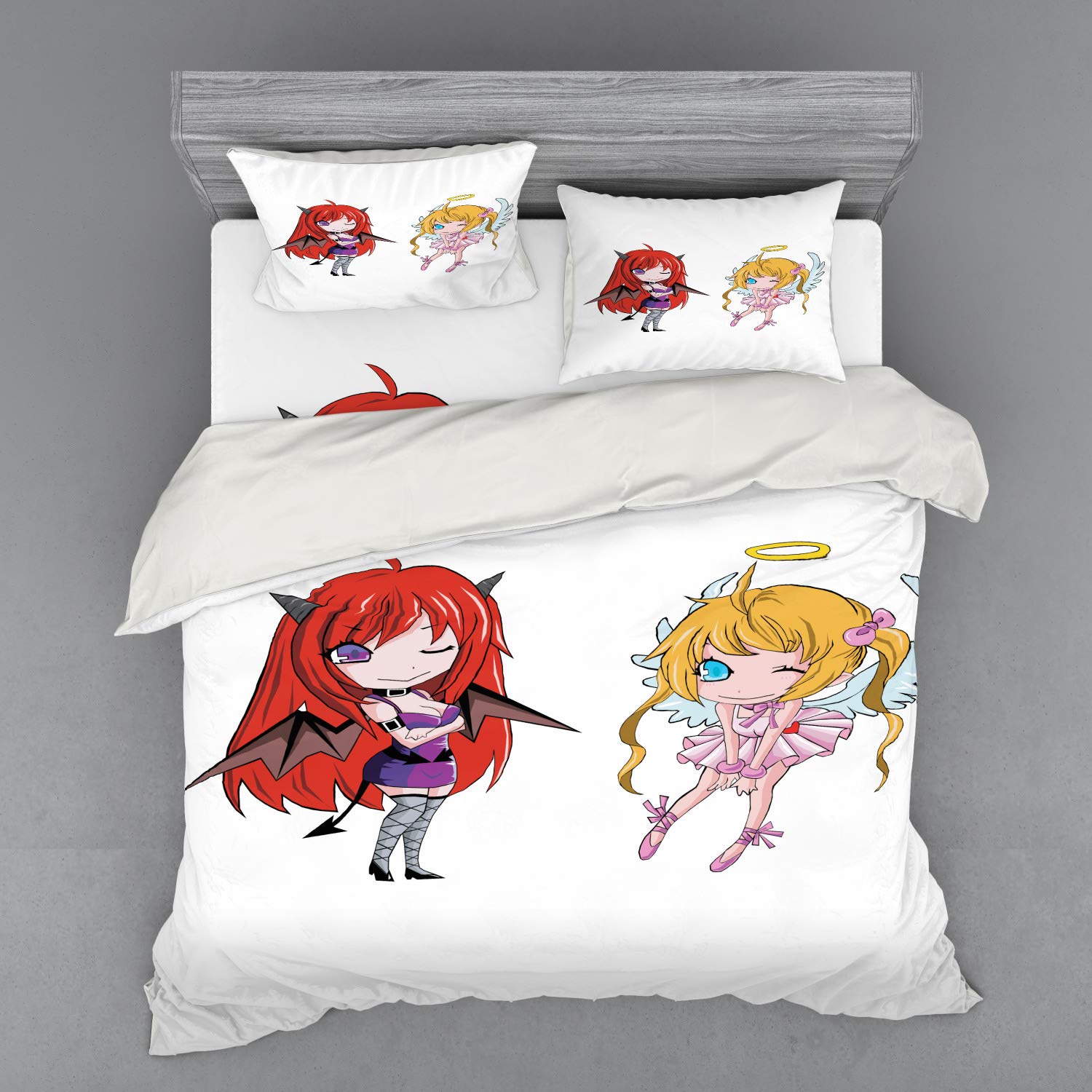 Ambesonne Anime Bedding Set - Angel Wings & Demon Girl Japanese Manga Print Duvet Cover 4 Piece Set with Pillow Shams & Fitted Sheet, King Size White | Perfect for Anime Fans, Cosplay Enthusiasts & Manga Lovers Bedroom Decor