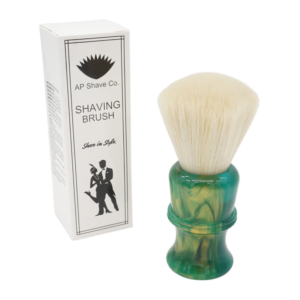AP Shave Co. 24mm Cashmere Fan Synthetic Shaving Brush - Premium Golden Emerald Green Handle for Men's Wet Shaving & Grooming - Perfect for Travel, Luxury Gift & Daily Skincare Routine