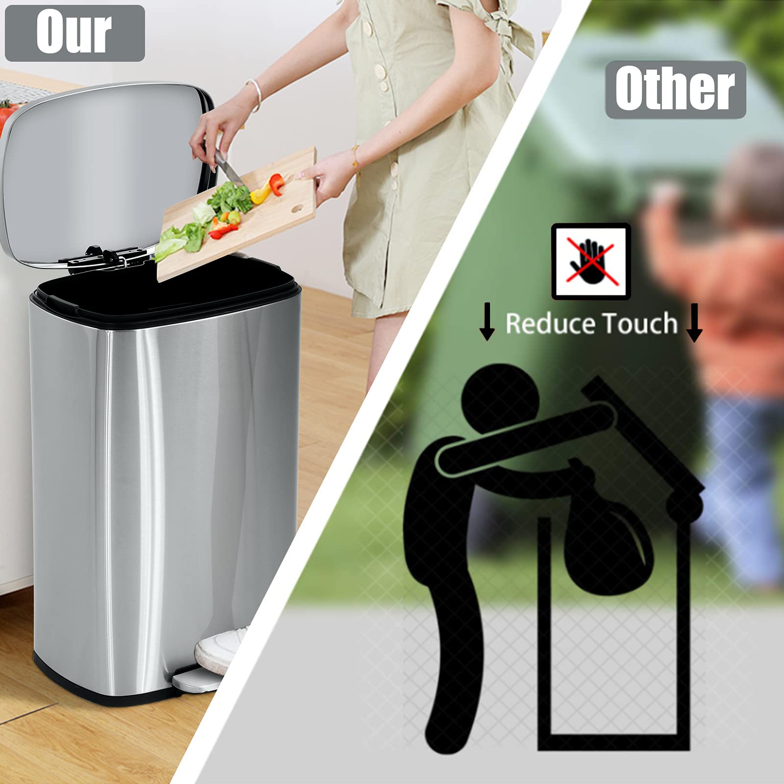 DKeli 13 Gallon Stainless Steel Step Trash Can with Soft Close Lid & Removable Inner Bucket - 50L Kitchen, Bathroom, Bedroom, Office Garbage Bin for Odor Control & Hands-Free Disposal