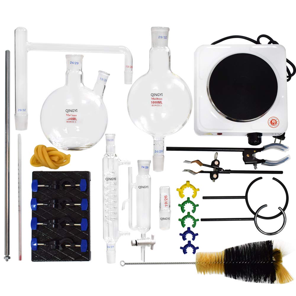 1000ml Essential Oil Distillation Kit with Hot Plate & Graham Condenser - 24/40 Joint Glassware Set for Aromatherapy, Herbal Extraction & Home Distilling | Includes Separating Funnel & Water Purifier