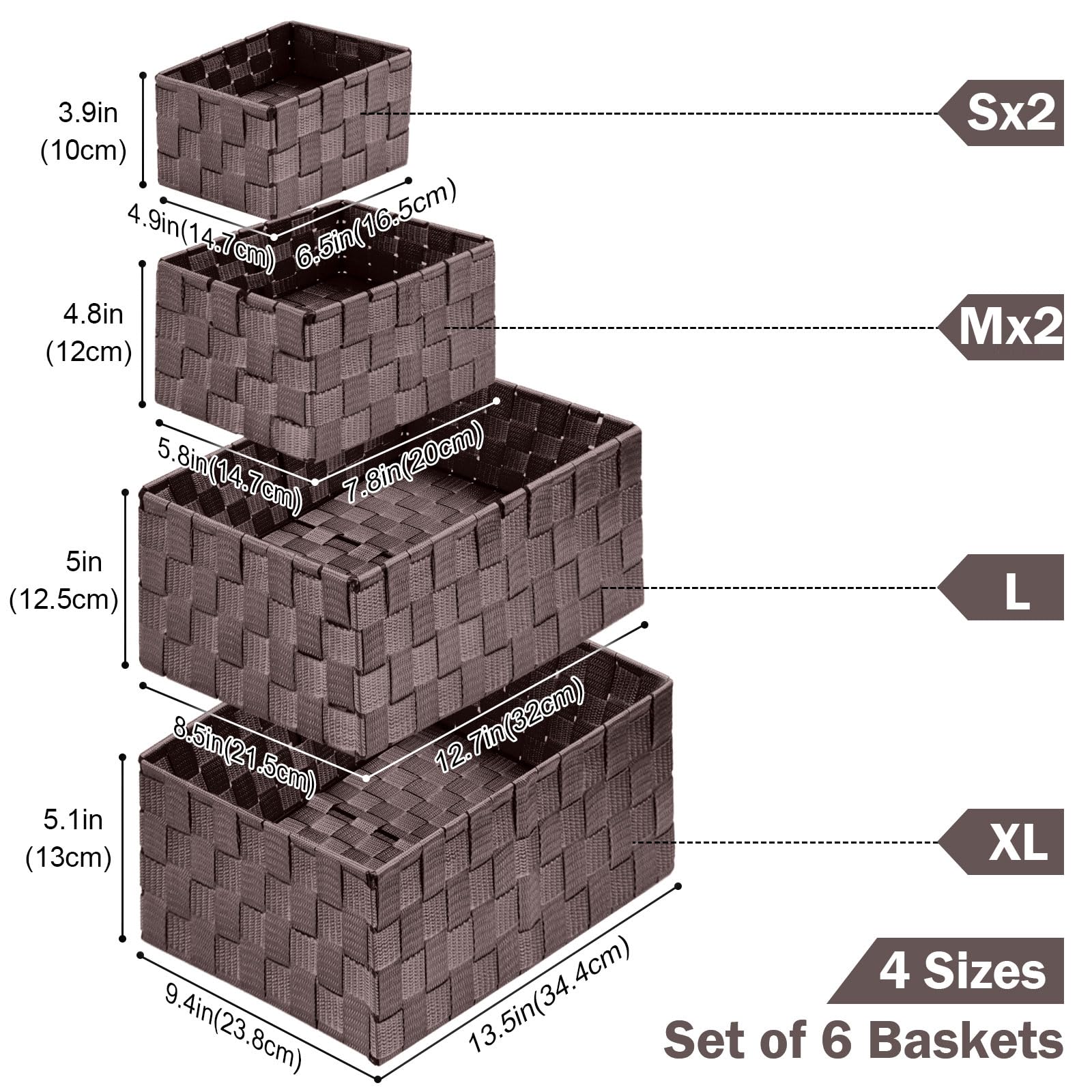 Woven Storage Baskets Set of 6 - Natural Brown Cube Bins for Clothes, Shelves & Closet Organization | Home Decor Storage Solutions for Bedroom, Nursery & Living Room