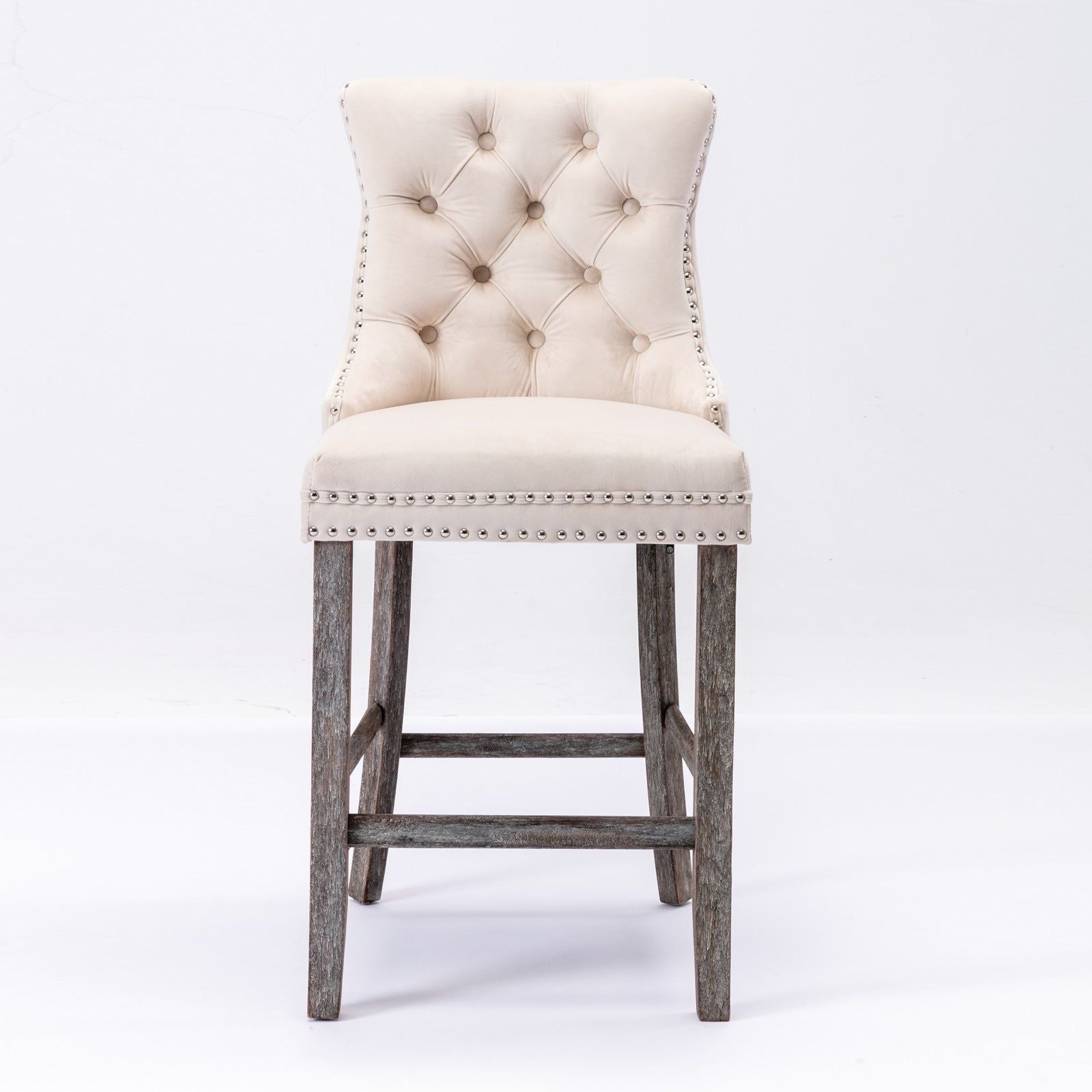 4 Velvet Bar Stools with Studs Trim & Wooden Legs - Tufted Dining Chairs for Kitchen Counter, Breakfast Nook & Home Bar - Comfortable Seating for Entertaining
