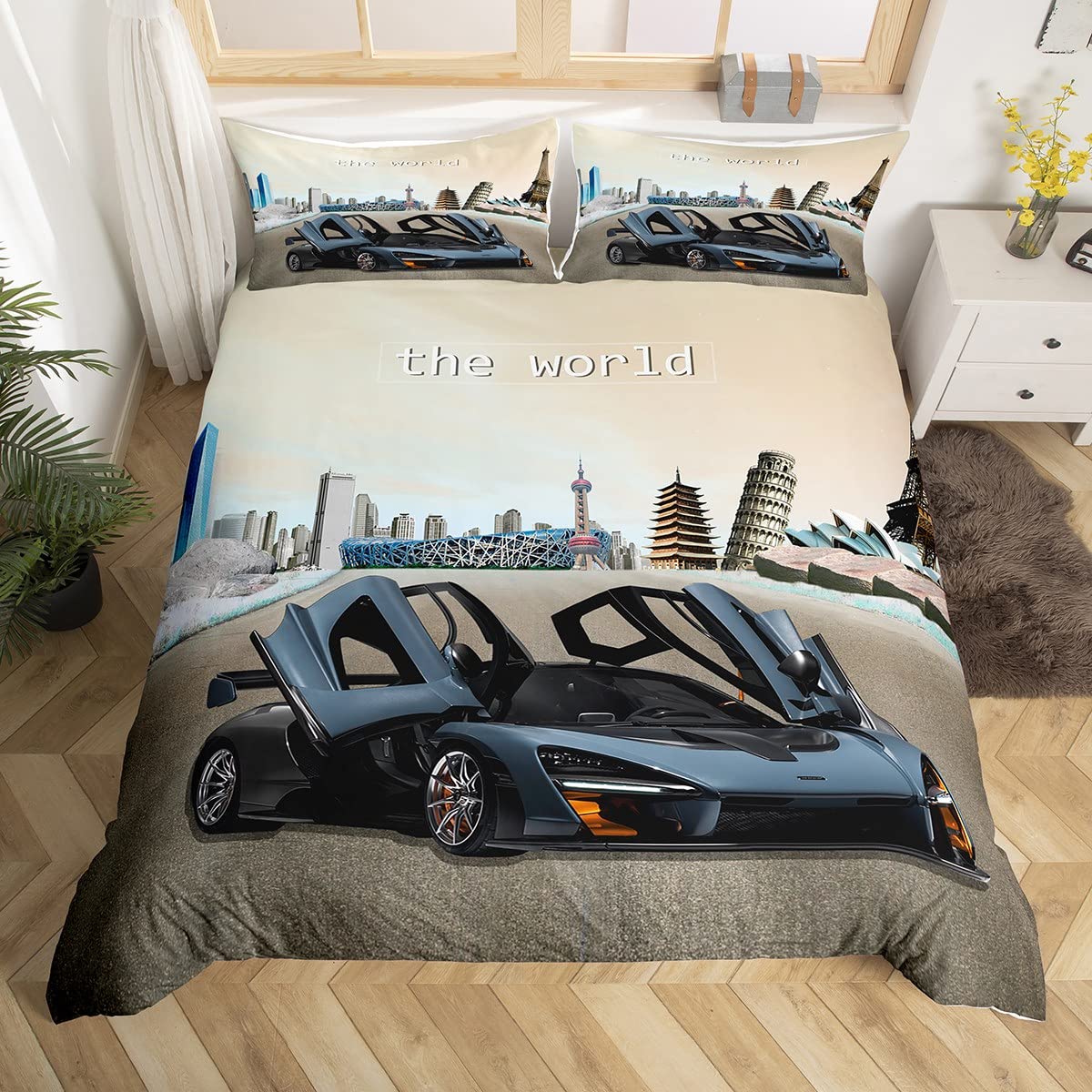 Feelyou Queen Size 3D Car Print Bedding Set - Sporty Boys' Comforter Cover with Pillowcases, Microfiber Zipper Closure | Perfect for Teen Bedrooms, Racing Theme Decor & Gift for Car Enthusiasts