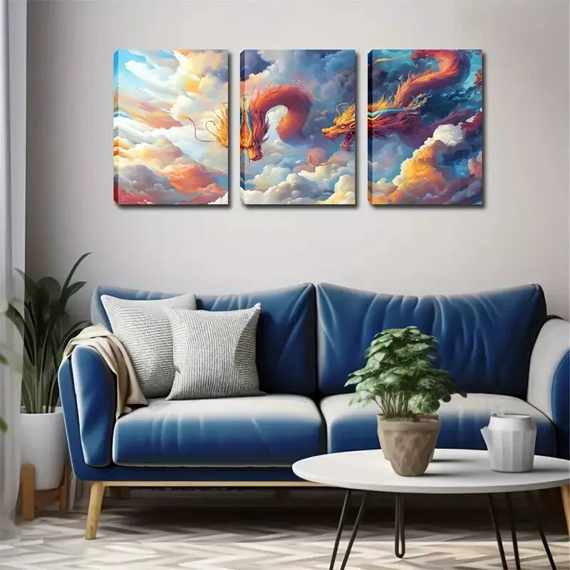 3-Piece Majestic Dragon Wall Art Set - Framed Canvas 40x60cm (16x24in) - High Quality Print - 100% Australian Made - Ready to Hang - Perfect for Living Room, Bedroom & Office Decor