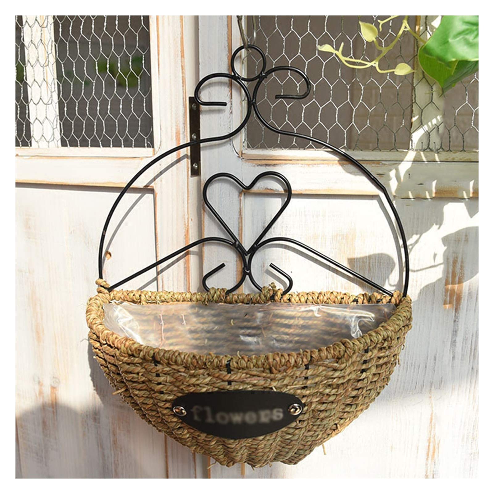 YYFANG Wall-Mounted Flower Basket Stand - Sturdy Wrought Iron Frame with Straw Bottom - Rustic Home Decor for Living Room, Restaurant & Outdoor Spaces - Perfect for Hanging Plants, Herbs & Decorative Displays