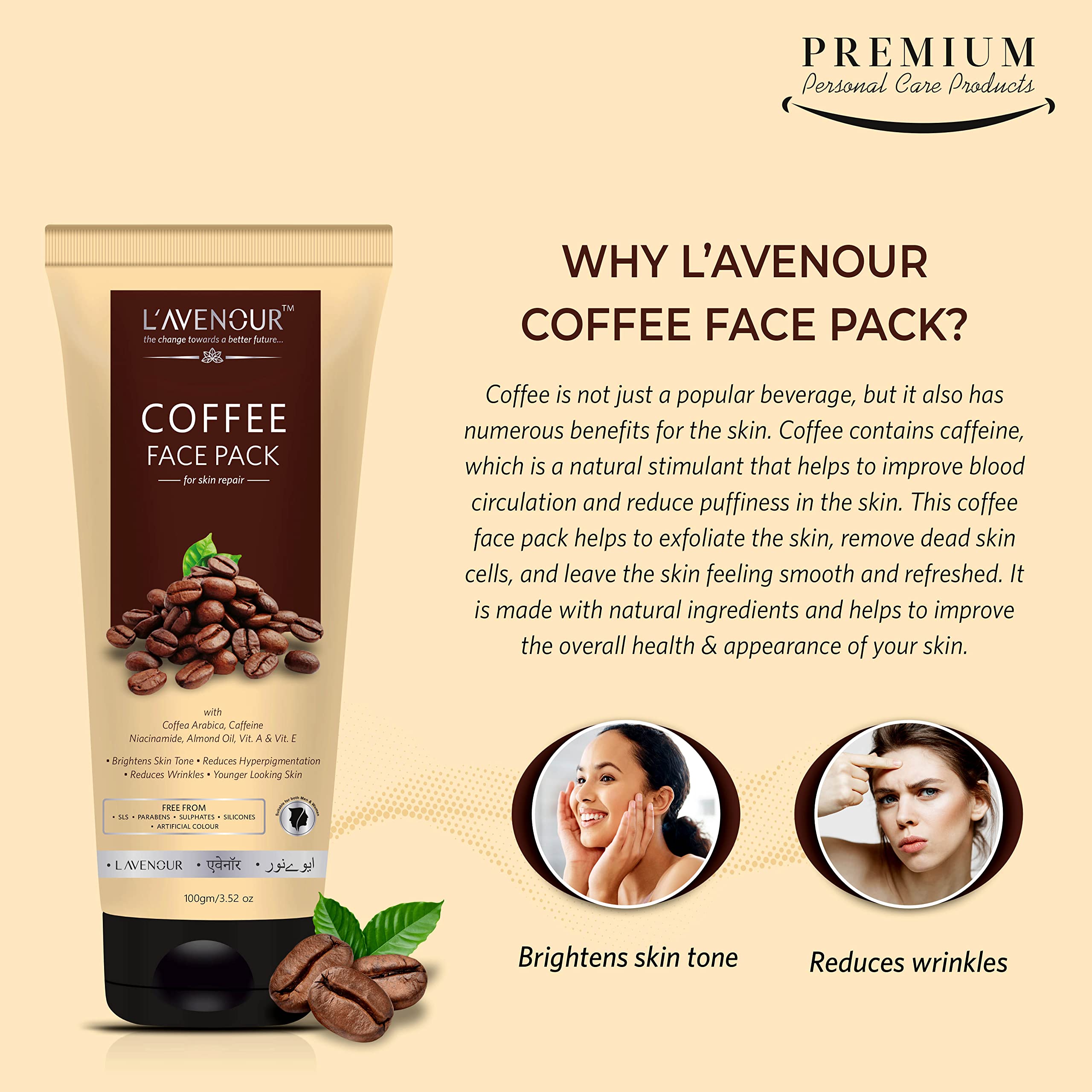 L'avenour Brightening Coffee Face Pack for Glowing Skin - Reduces Wrinkles & Hyperpigmentation, 100g | Natural Skincare for Daily Use & Spa Treatments