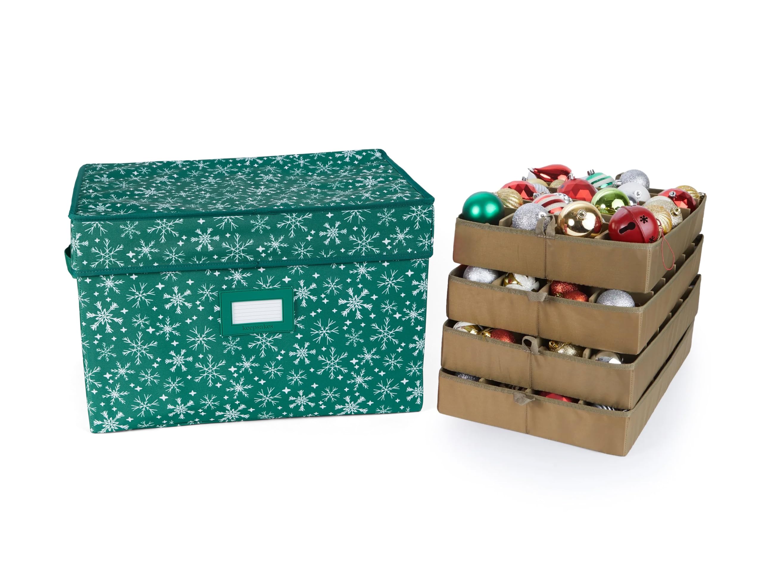 Covermates Keepsakes Adjustable Ornament Storage Box with Carrying Handles & Padded Protection - Holiday Decor Organizer for Christmas Tree Ornaments, Green Snowflake Design - Perfect for Seasonal Decoration Storage & Safekeeping