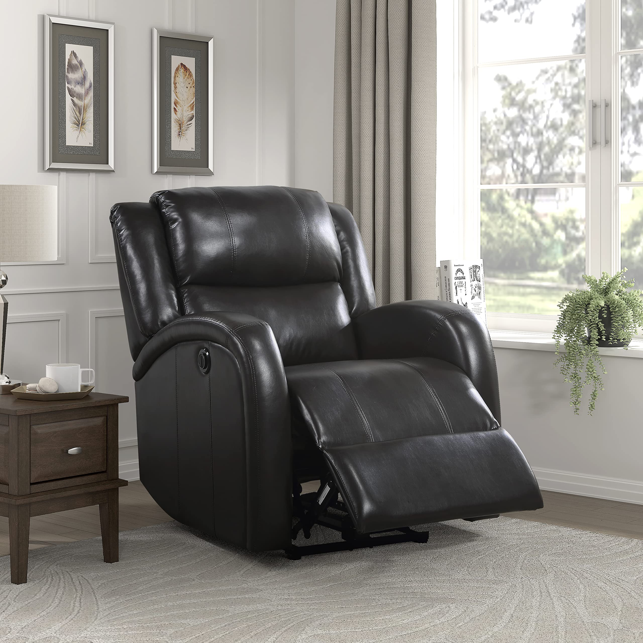 Lexicon Raven Faux Leather Wall-Hugger Power Recliner - Brown Leather Reclining Chair for Living Room, Home Theater & Small Spaces - Comfortable Electric Recliner Sofa with USB Charging Port