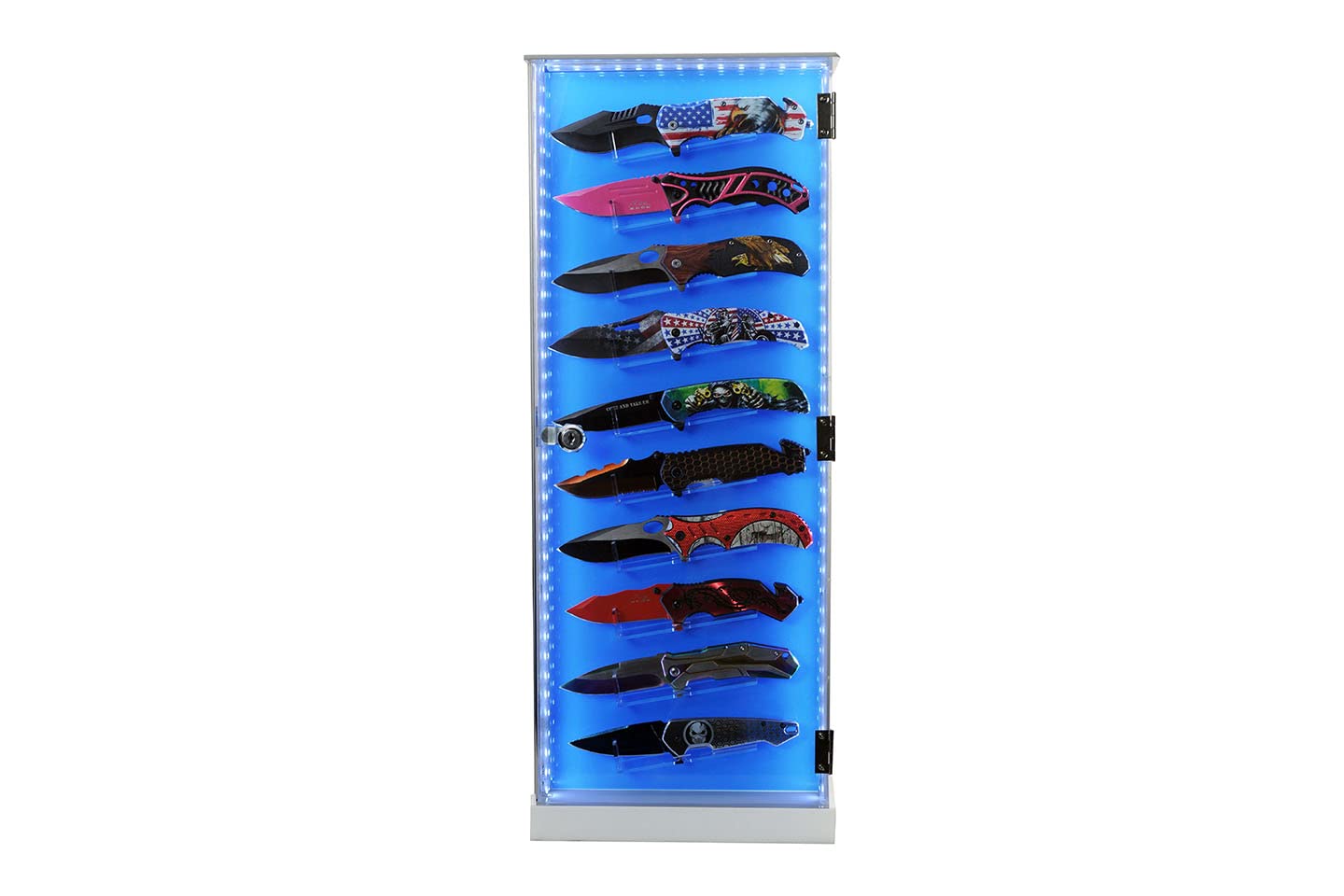 10-Piece Rotating Acrylic Knife Display Case with LED Lights - Rectangular Glass Stand Tower for Pocket Knives | Knife Organizer & Storage Cabinet with Shelves | Perfect for Retail Stores, Collections, and Home Display