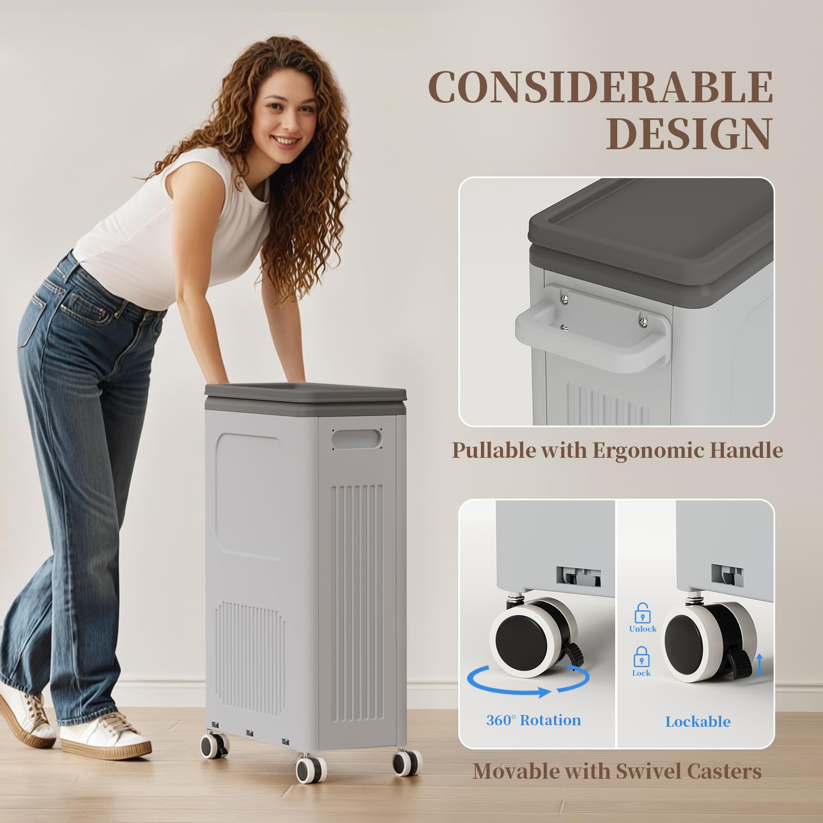 50L Plastic Laundry Basket with Wheels & Lid - Slim Laundry Hamper for Narrow Spaces - Easy Roll Handle for Bedroom, Dorm & Laundry Room - Perfect for Small Apartments & College Students