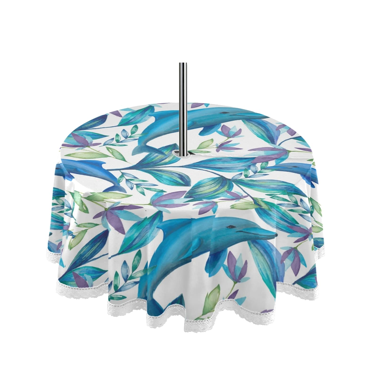 Waterproof Tropical Flowers & Dolphins Outdoor Tablecloth with Umbrella Hole Zipper - Machine Washable Spring Summer Picnic Table Cover for Backyard, Patio, Garden Party Decor - Perfect for BBQs, Beach Outings & Outdoor Dining