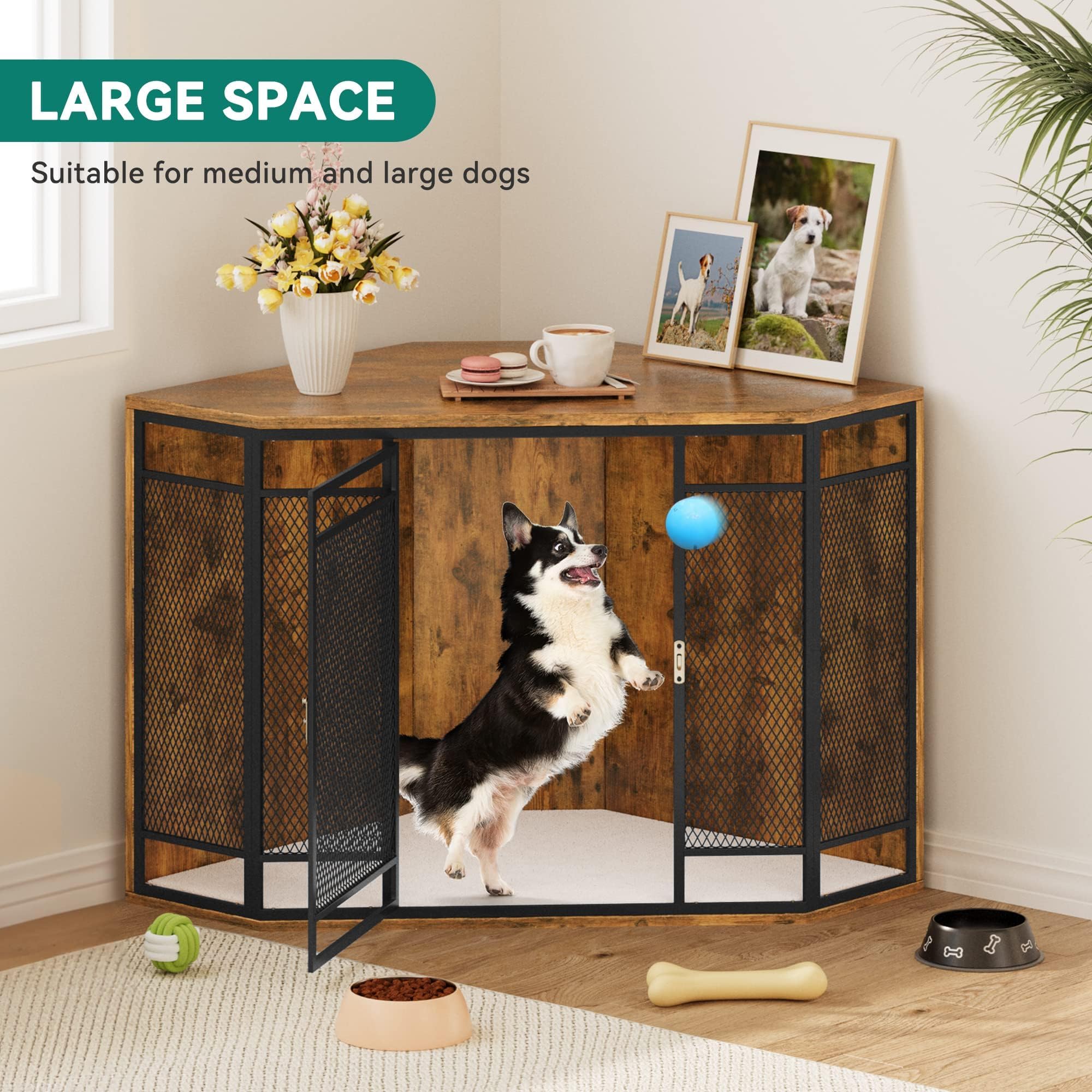 YITAHOME 43.7 Inch Wooden Dog Crate Furniture - Corner Kennel End Table with Metal Mesh for Small & Medium Dogs, Brown | Pet Furniture for Living Room, Bedroom & Office