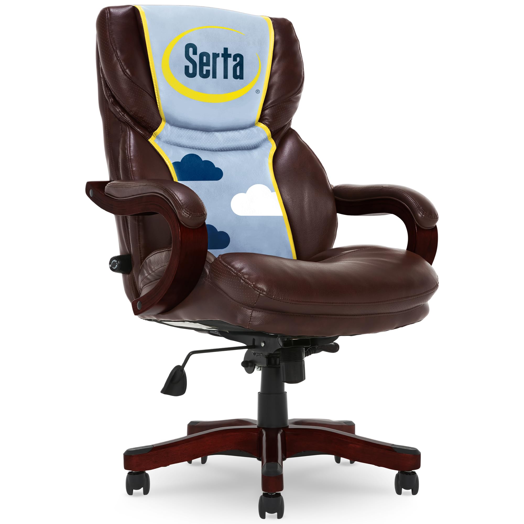 Serta® Conway Big & Tall Executive Office Chair - Ergonomic High-Back with Adjustable Lumbar Support, Plush Cushion & Body Pillows, Padded Armrests, Wooden Swivel Base - Bonded Leather Chestnut Brown - Perfect for Home Office, Gaming & Workspace Comfort