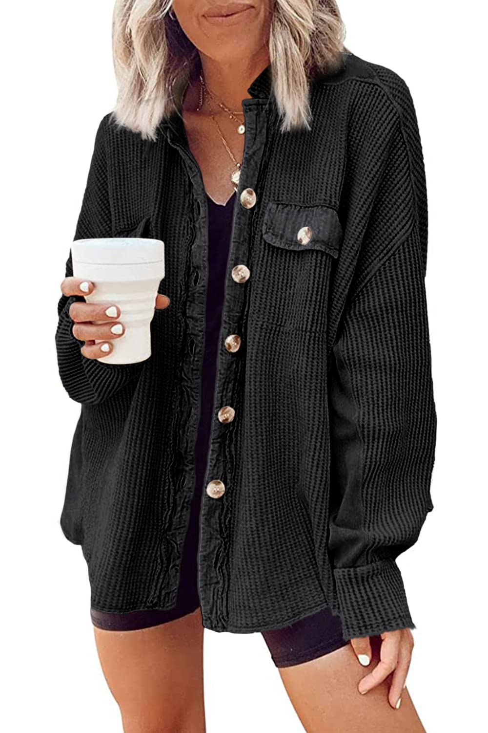 Yanekop Women's Waffle Knit Button Down Shirt Jacket - Oversized Long Sleeve Shacket for Trendy Fall Outfits 2025 | Casual Wear, Layering Piece & Street Style Fashion