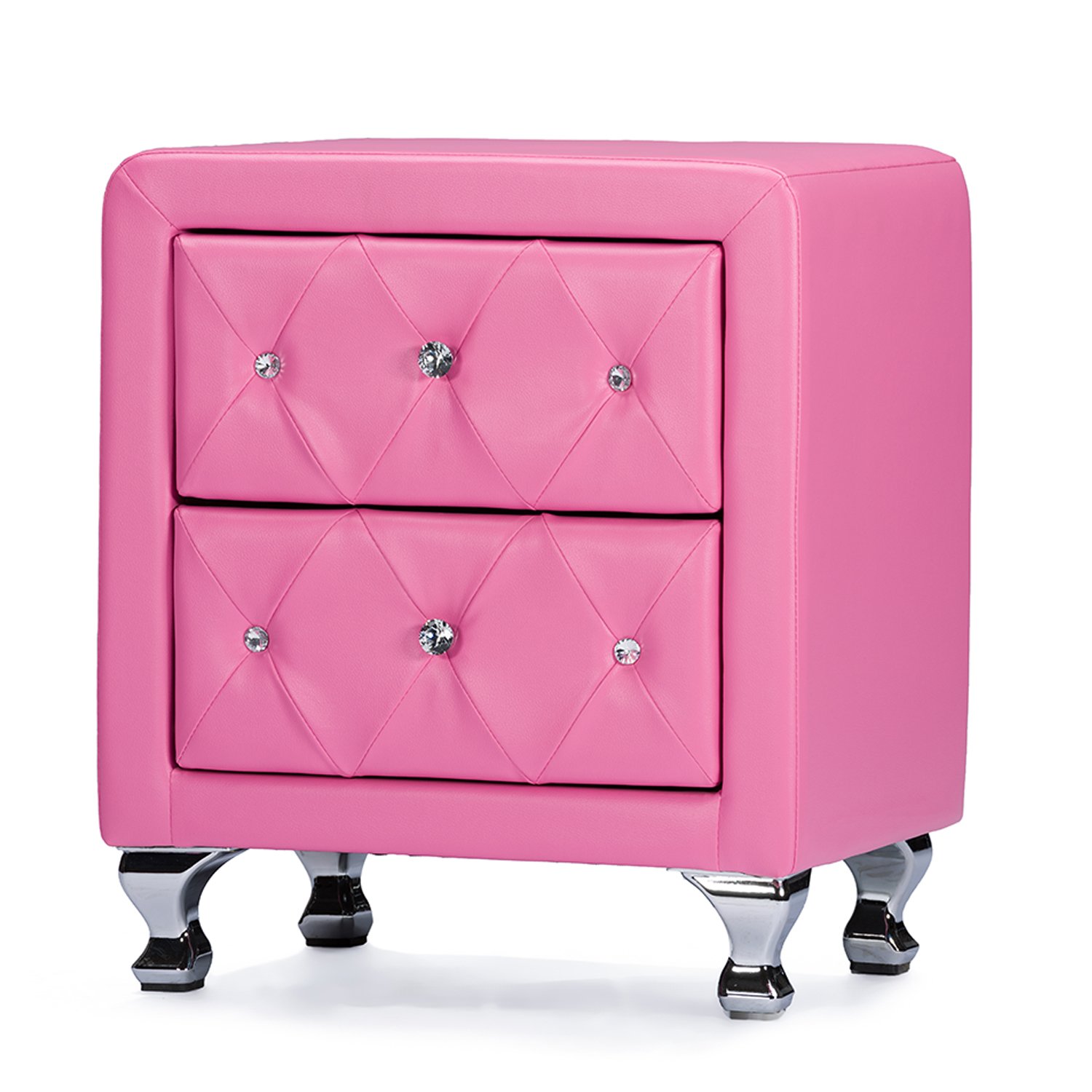 Baxton Studio Caressa Crystal Tufted Pink Leather Nightstand - Medium Size Bedside Table for Bedroom, Living Room & Guest Room Decor