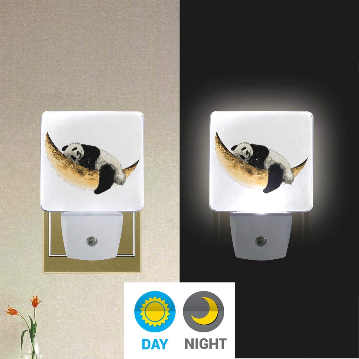 Vikko 2 Pack Cute Panda LED Night Light with Dusk to Dawn Sensor - Golden Moon Plug-in Lamp for Kids & Adults - Perfect for Bedroom, Nursery, Living Room, Hallway Decor - Creates Soothing Ambiance for Sleep and Relaxation
