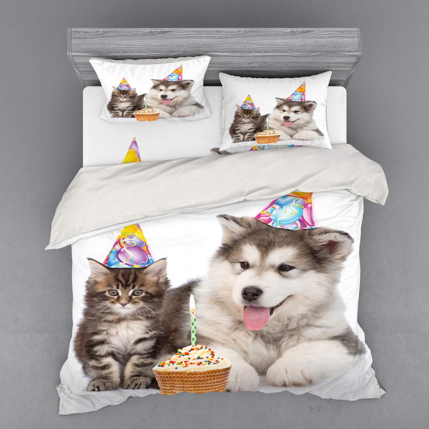 Ambesonne King Size 4-Piece Duvet Cover Set - Dog & Cat Birthday Party Design with Cupcakes, Includes Shams & Fitted Sheet, White & Brown - Perfect for Pet Lovers' Bedroom Decor & Birthday Gift