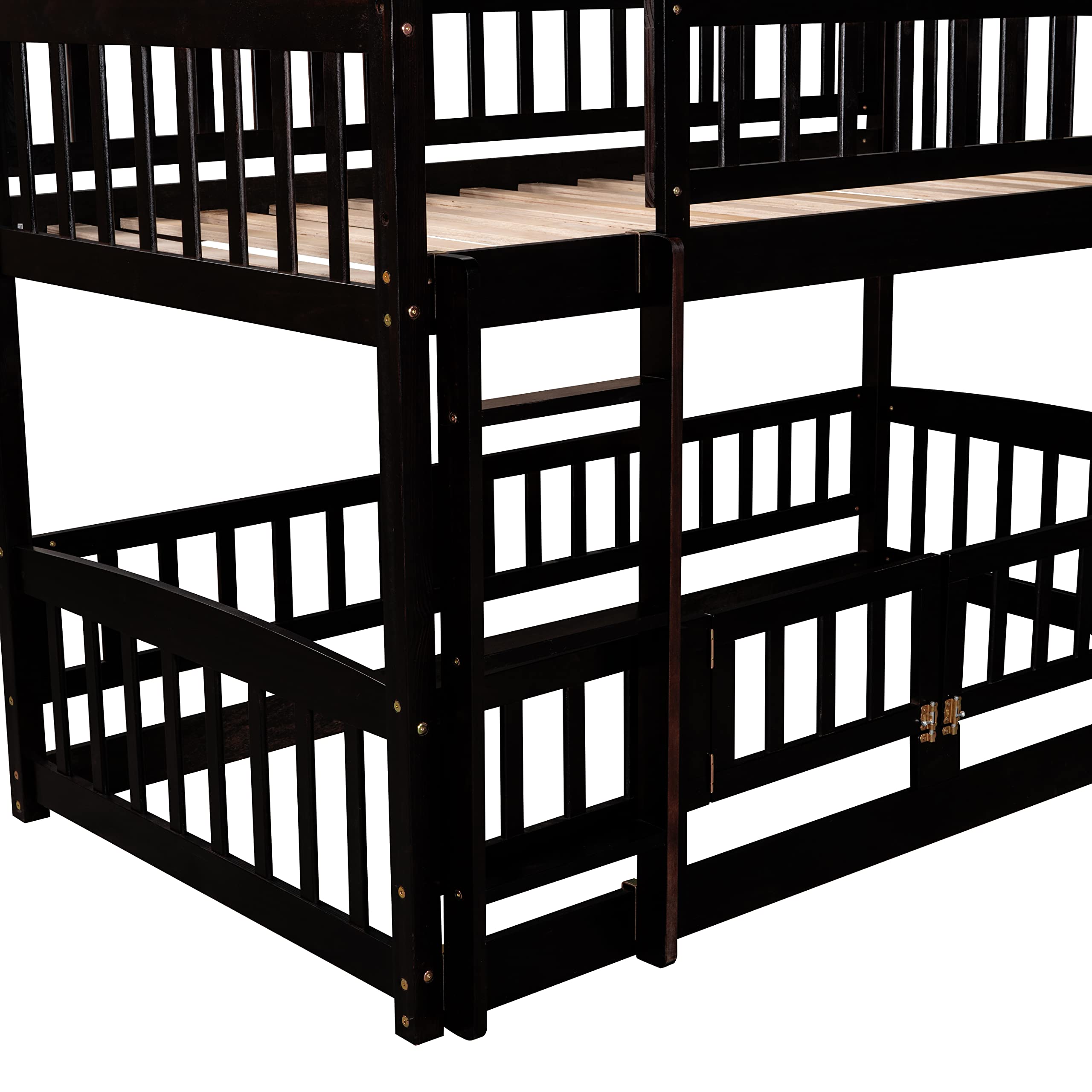 SOFTSEA Twin Over Twin Bunk Bed with Convertible Slide & Ladder - Kids Wood Bunk Bed Frame with Safety Guardrails, Low Profile Floor Bunk Bed with Fence & Door in Espresso - Perfect for Small Bedrooms, Kids' Rooms & Sleepovers
