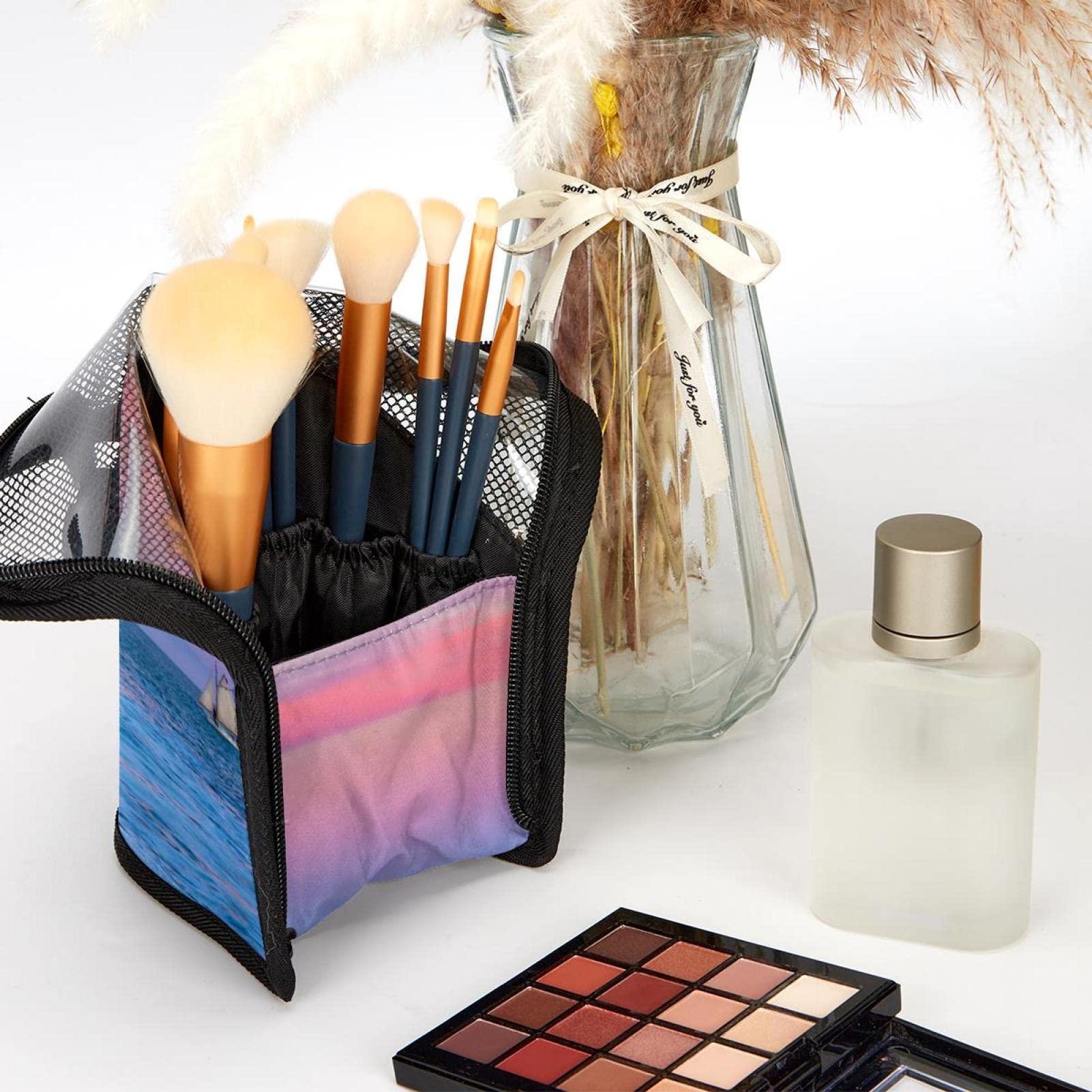 12-Piece Makeup Brush Organizer Bag with Holder Case - White Lighthouse Pink Sky Design | Portable Travel Cosmetic Brush Storage for Makeup Artists & On-the-Go Beauty Essentials | Perfect for Home Vanity, Salon Use & Travel Makeup Kits