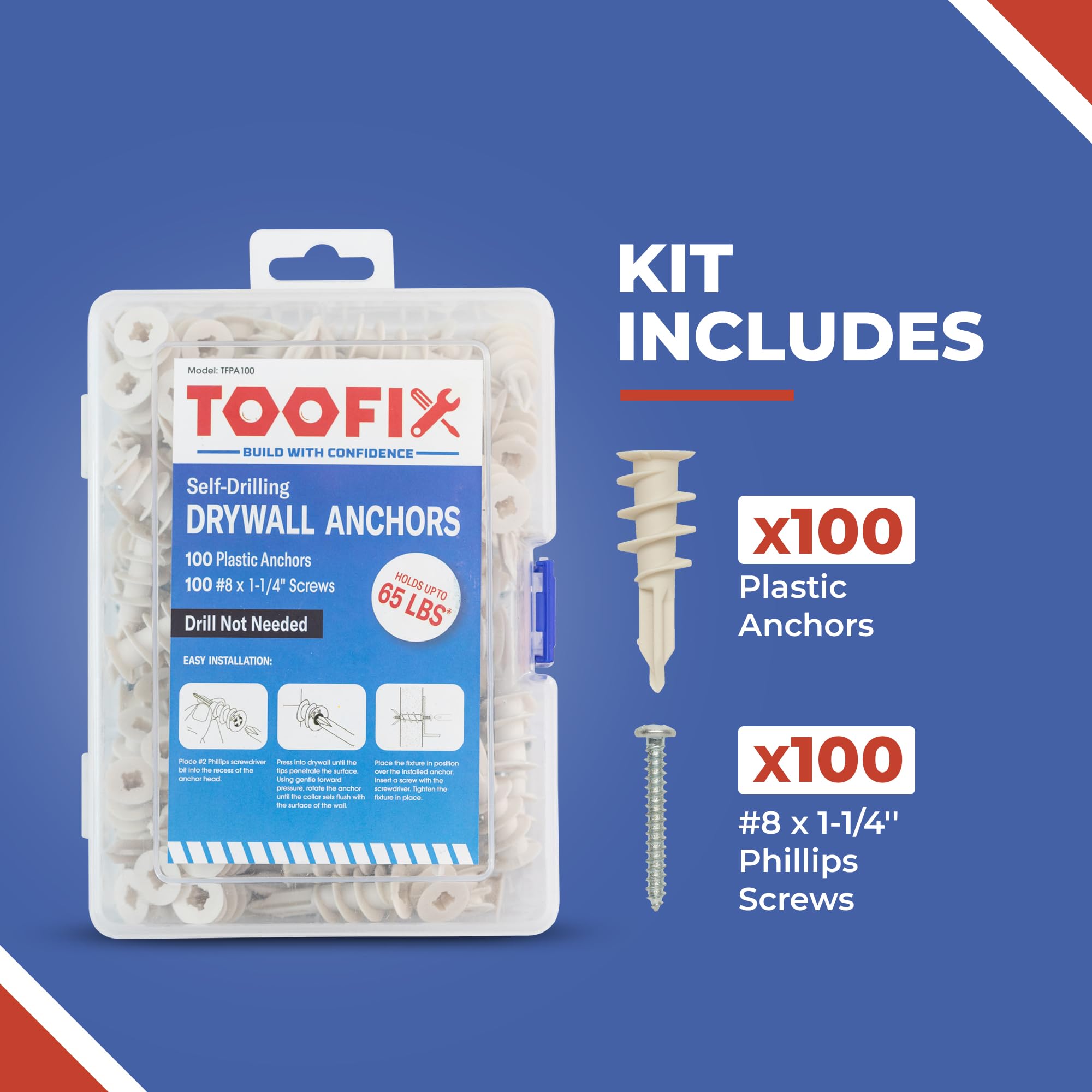 Self-Drilling Drywall Anchor Kit - 200-Piece Plastic Wall Anchors with Screws for Secure Mounting | Perfect for Hanging Pictures, Shelves & Home Decor in Drywall