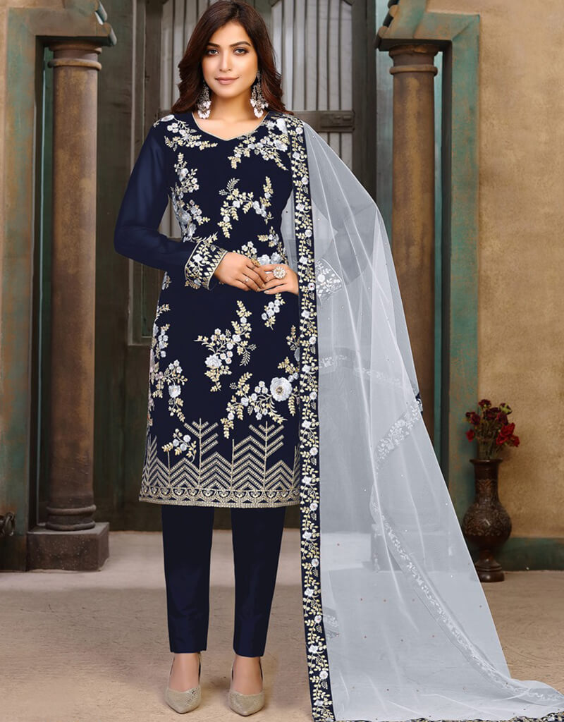 Blue Chudidar Style Suit - Faux Georgette Fabric - Elegant Indian Ethnic Wear for Women - Perfect for Weddings, Festivals & Special Occasions