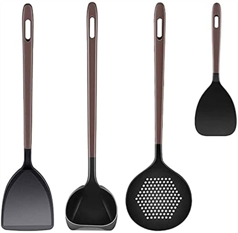 Premium 4-Piece Silicone Cooking Utensil Set with Wooden Handles - Food Grade Kitchen Tools for Baking, Stirring & Serving - Non-Scratch Heat-Resistant Kitchen Gadgets for Pots, Pans & Nonstick Cookware