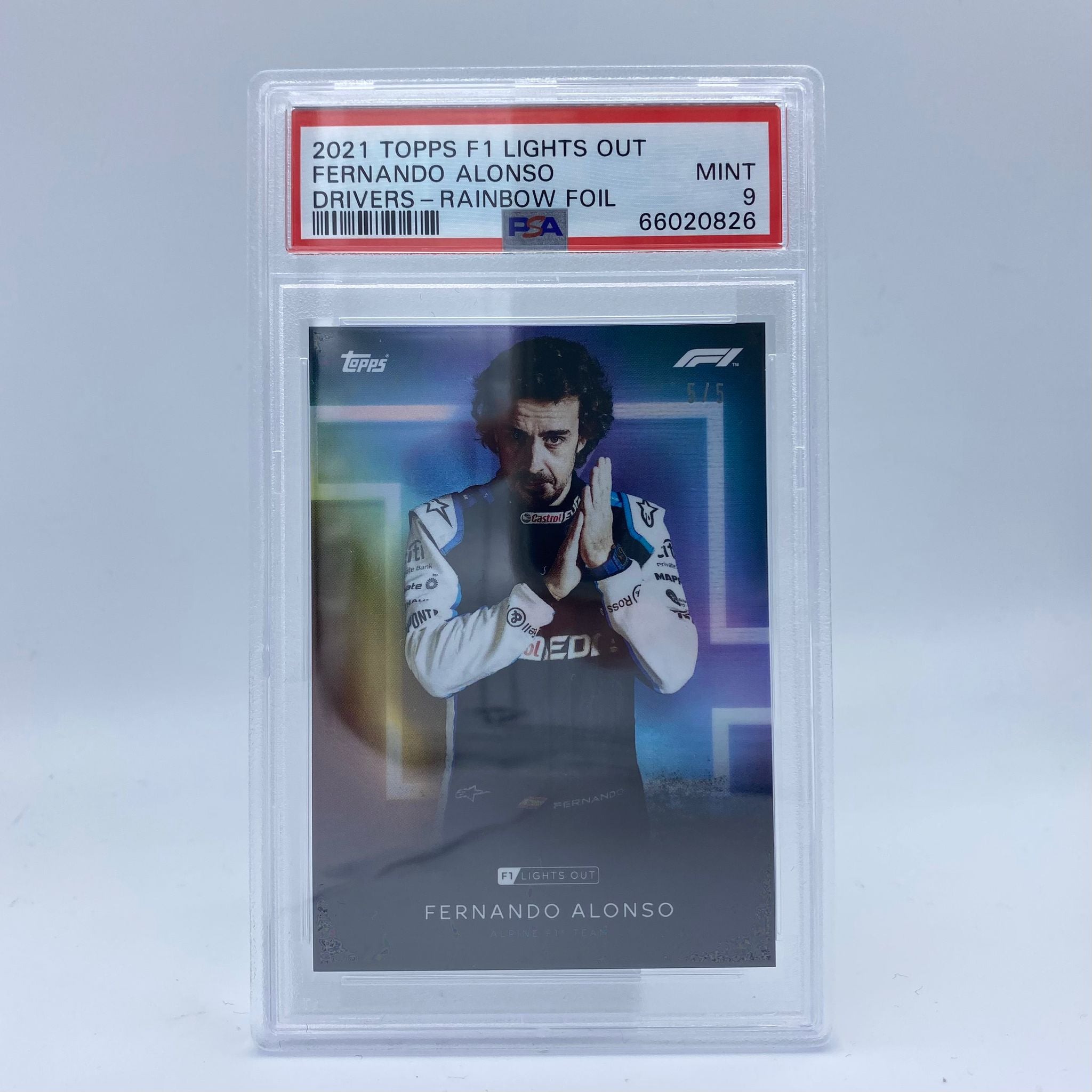 PSA 9 Graded Fernando Alonso 5/5 Drivers Rainbow Foil Trading Card - Perfect for F1 Collectors, Sports Memorabilia Displays & Investment Collections