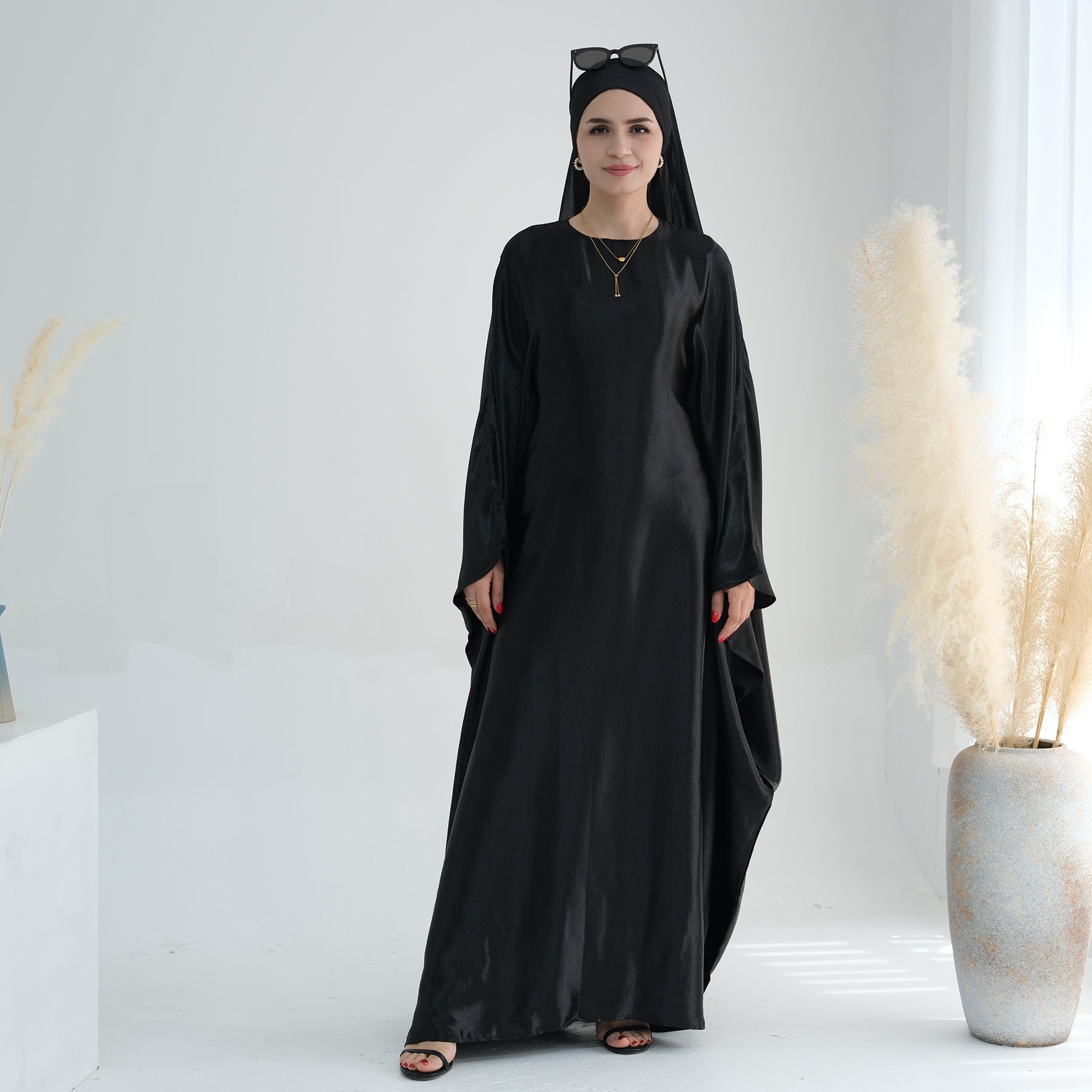 Elegant Black Alisha Butterfly Satin Abaya - Modest Muslim Dress for Women | Perfect for Prayer, Eid, Wedding & Special Occasions