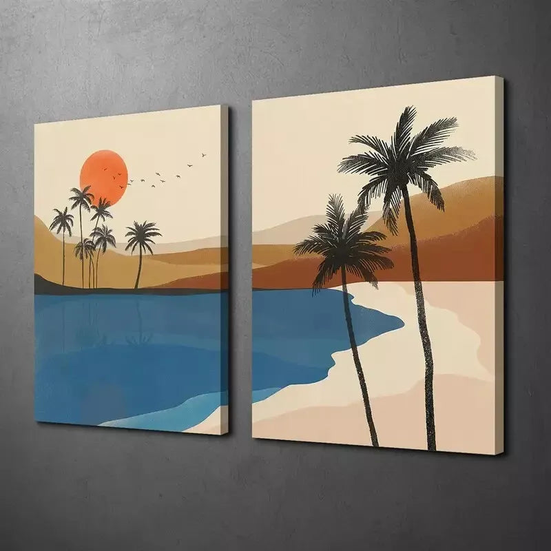 2-Piece Sunset, Birds, Oasis Landscape & Desert Palm Trees Canvas Wall Art - 50x75cm Framed High-Quality Print | 100% Australian Made | Ready to Hang | Perfect for Living Room, Bedroom & Office Decor