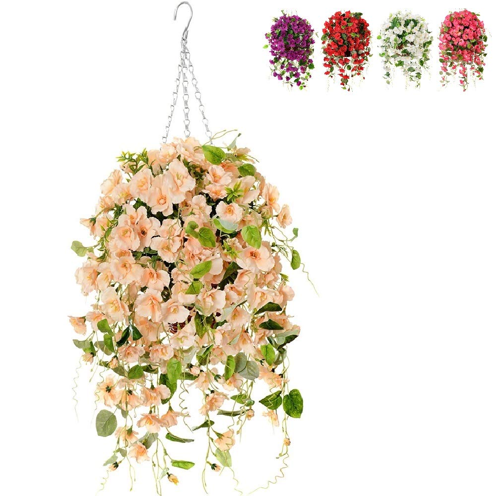 Artificial Silk Hanging Flower Baskets - Faux Orchid & Rose Floral Arrangement for Indoor/Outdoor Decor - Home, Garden, Patio, Wedding Centerpiece - Ivory
