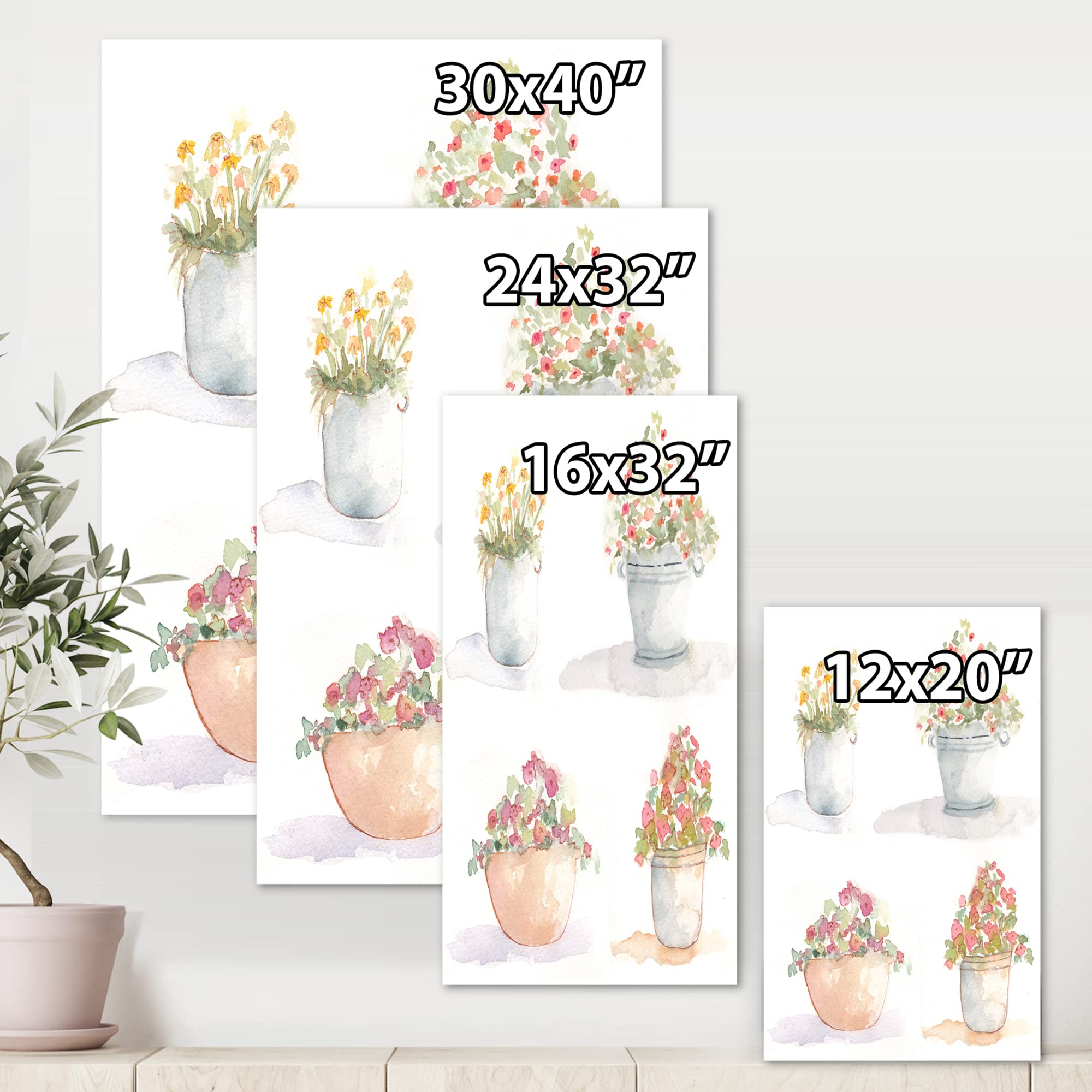 4 Pack Outdoor Flower Pots - Traditional Canvas Wall Art Decor for Garden, Patio, and Home Interior Design