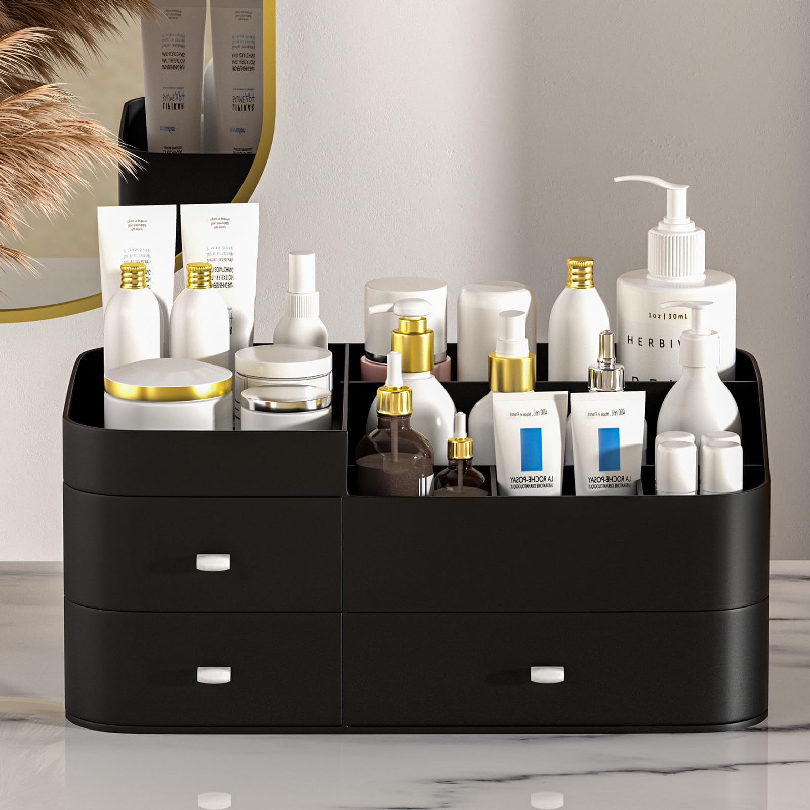 Large Capacity Makeup Organizer with Drawers - Vanity Cosmetic Storage for Lipsticks, Jewelry, Nail Care & Skincare | Black Desk Organizer for Bedroom & Bathroom Countertops | Perfect for Daily Beauty Routine & Travel Organization
