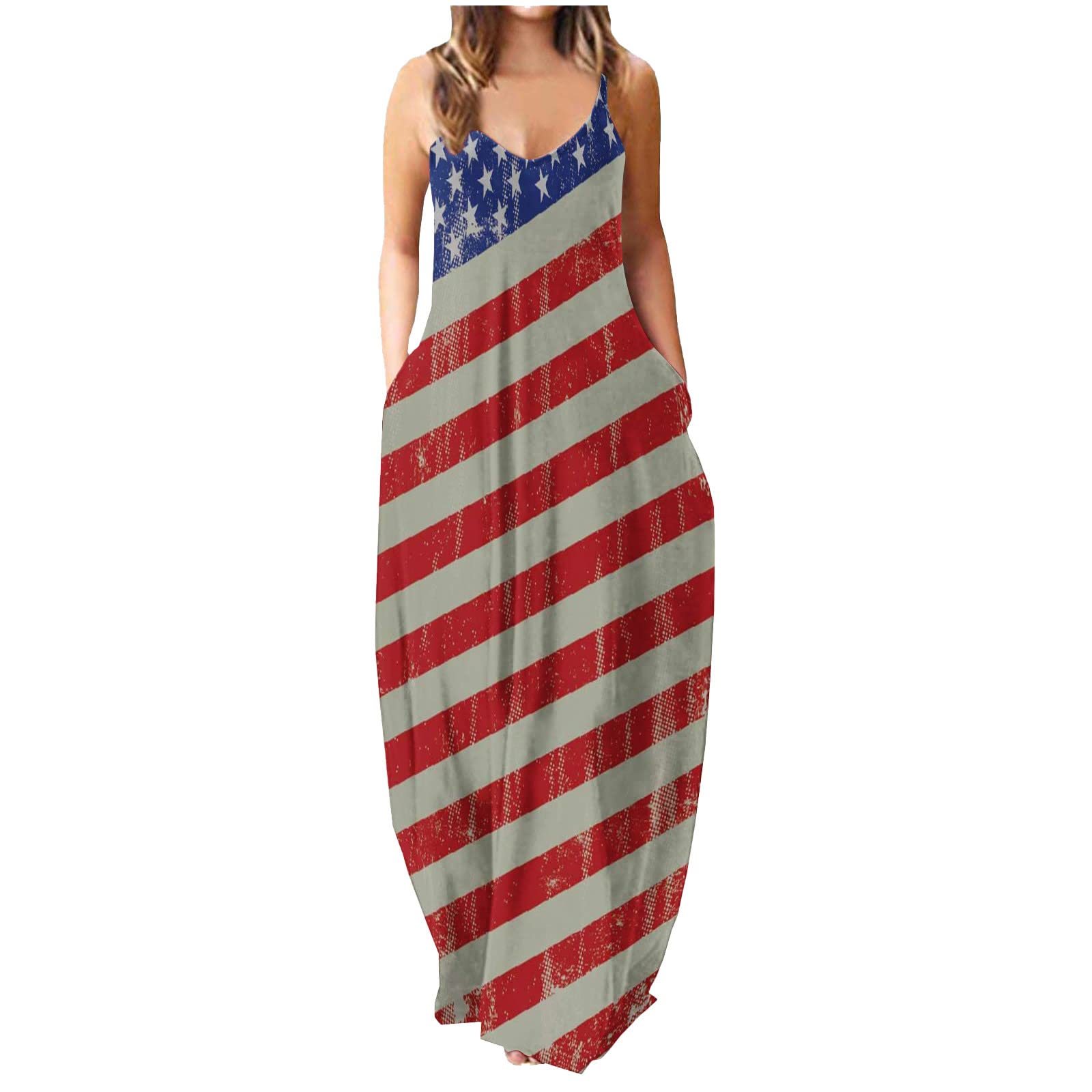 YZHM Women's Summer Maxi Dress - Casual V-Neck Sleeveless Spaghetti Strap Long Sundress with Pockets | Beach Vacation, Outdoor Party, Date Night Outfit