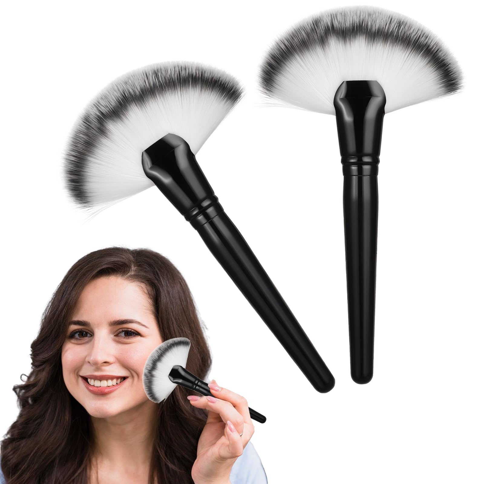 2 Pcs Soft Fluffy Fan Makeup Brush Set - White Bristles Powder & Highlighting Brush for Face & Body - Perfect for Loose Powder, Blush & Contouring - Ideal for Professional Makeup & Travel Touch-Ups