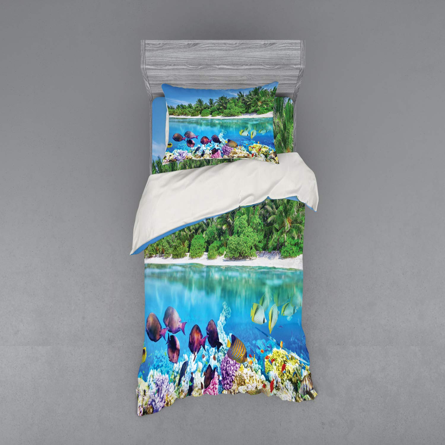 Ambesonne Island Bedding Set - 3 Piece Duvet Cover with Sham & Fitted Sheet, Twin Size, Multicolor Sandy Seacoast Underwater Aquatic World Print | Maldives Travel & Diving Paradise Theme | Perfect for Beach House, Vacation Rental or Ocean Lover's Bedroom Decor