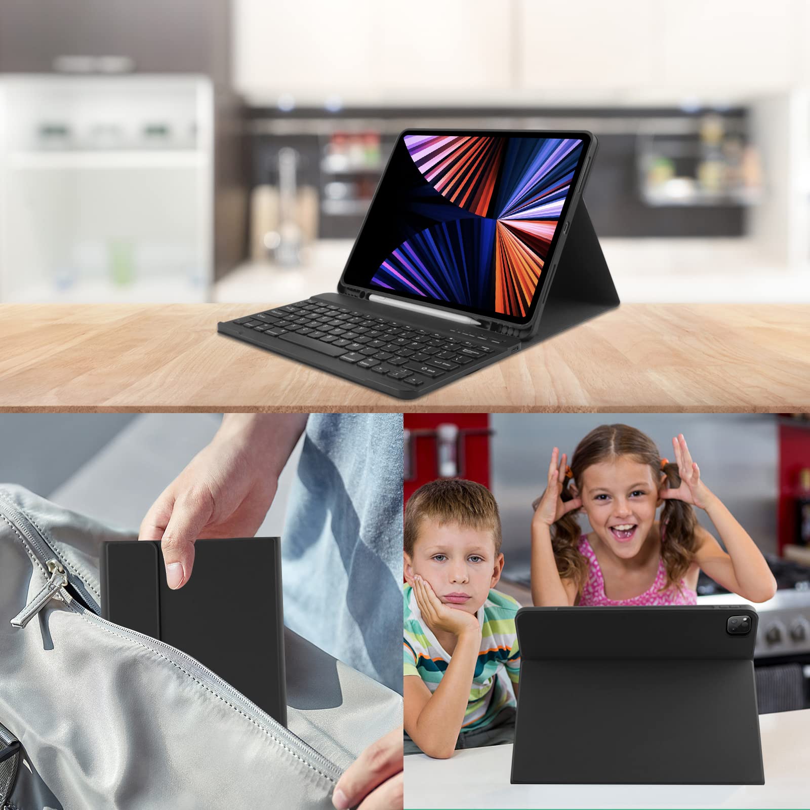 iPad Air 13 inch & iPad Pro 12.9 inch Keyboard Case - Slim Smart Wireless Detachable with Pencil Holder (6th/5th/4th/3rd Gen Compatible) - Perfect for Work, Study & Travel - Black