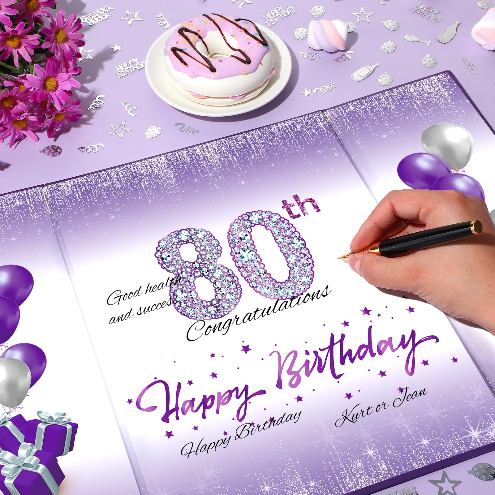 Elegant Purple & Silver 80th Birthday Decorations Set - Signature Guest Book Alternative for Women & Men - Perfect for 80th Birthday Party, Anniversary Celebration & Special Occasions - Includes Greeting Cards & Party Favors