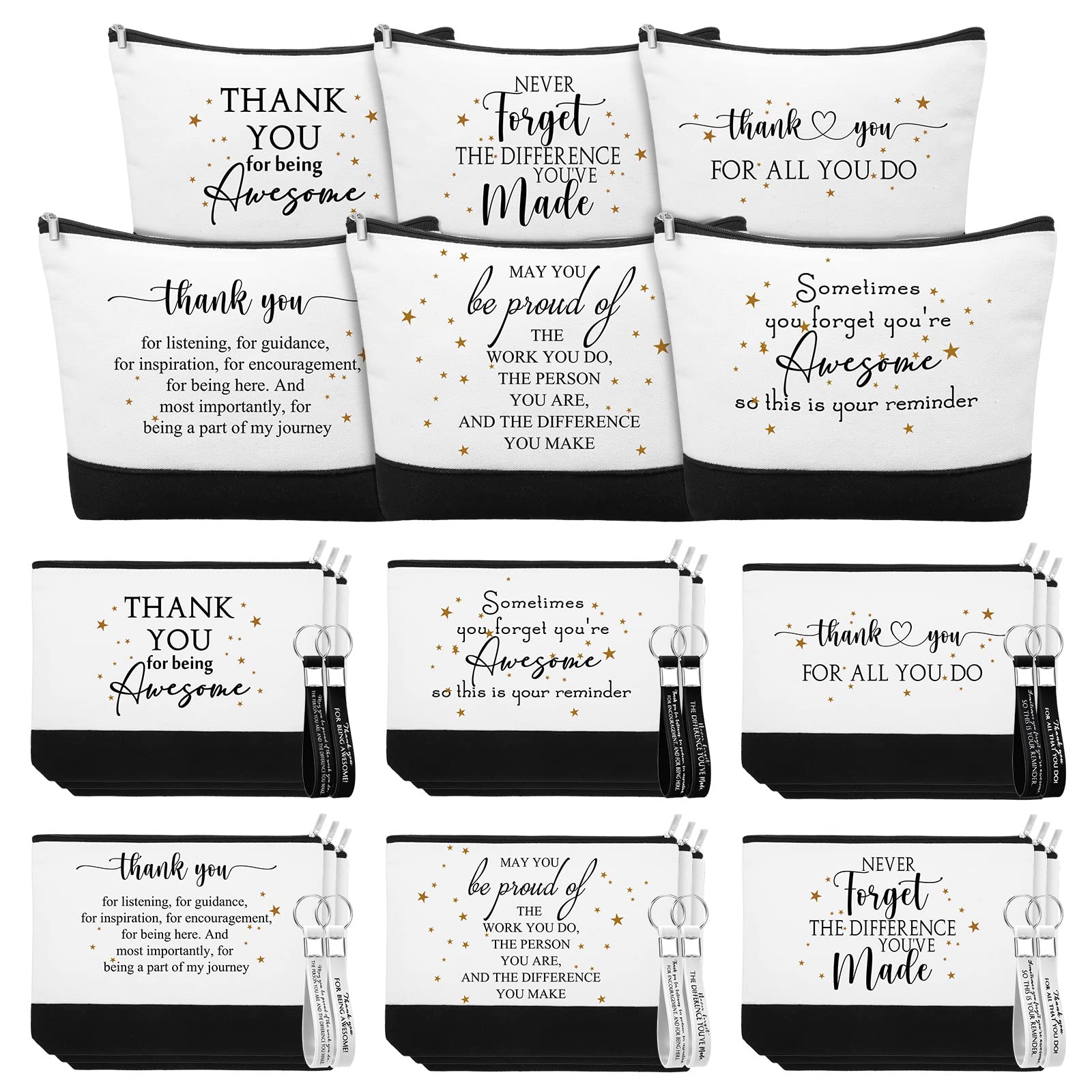 Sanwuta 48 Pcs Bulk Thank You Gift Bags Set - 24 Makeup Pouches & 24 Appreciation Keychains for Women, Coworkers, Teachers, Nurses, Moms (Classic) - Perfect for Employee Recognition, Teacher Appreciation Week, Nurse Gifts & Mother's Day