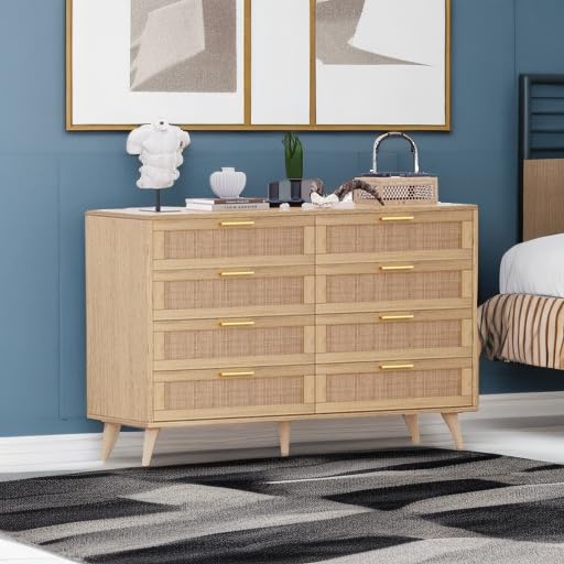 Rovaurx 8-Drawer Double Dresser - Modern Rattan Wooden Chest with Gold Handles for Bedroom, Living Room & Entryway - Stylish Storage Solution for Clothes, Linens & Home Organization